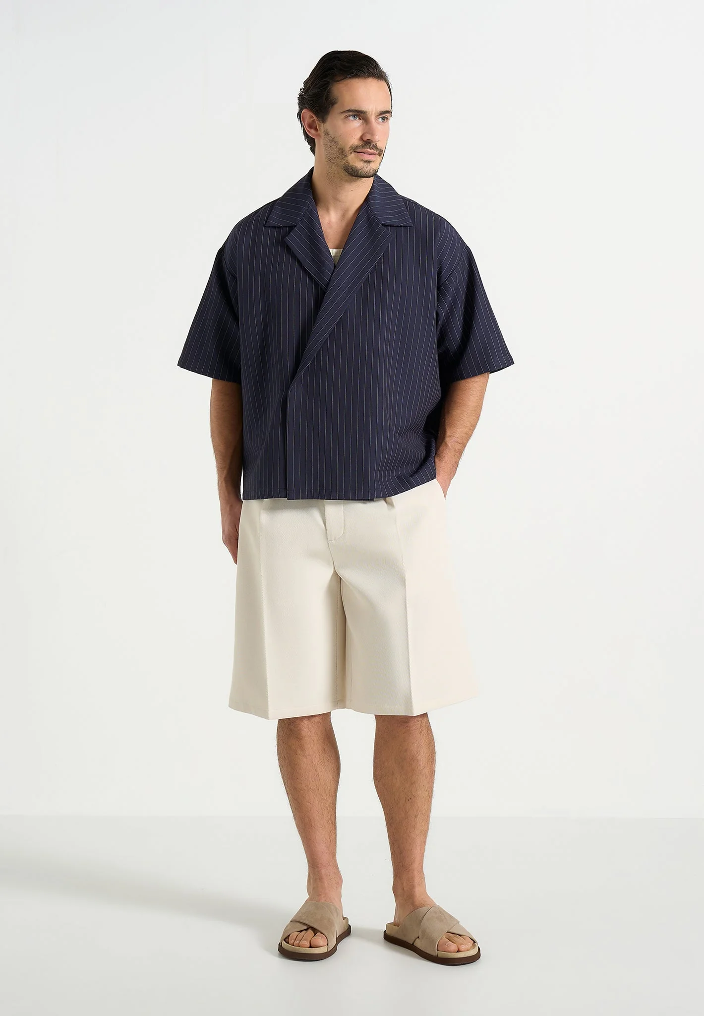 Abel - Boxy Pinstripe Double Breasted Shirt - Navy - Image 4