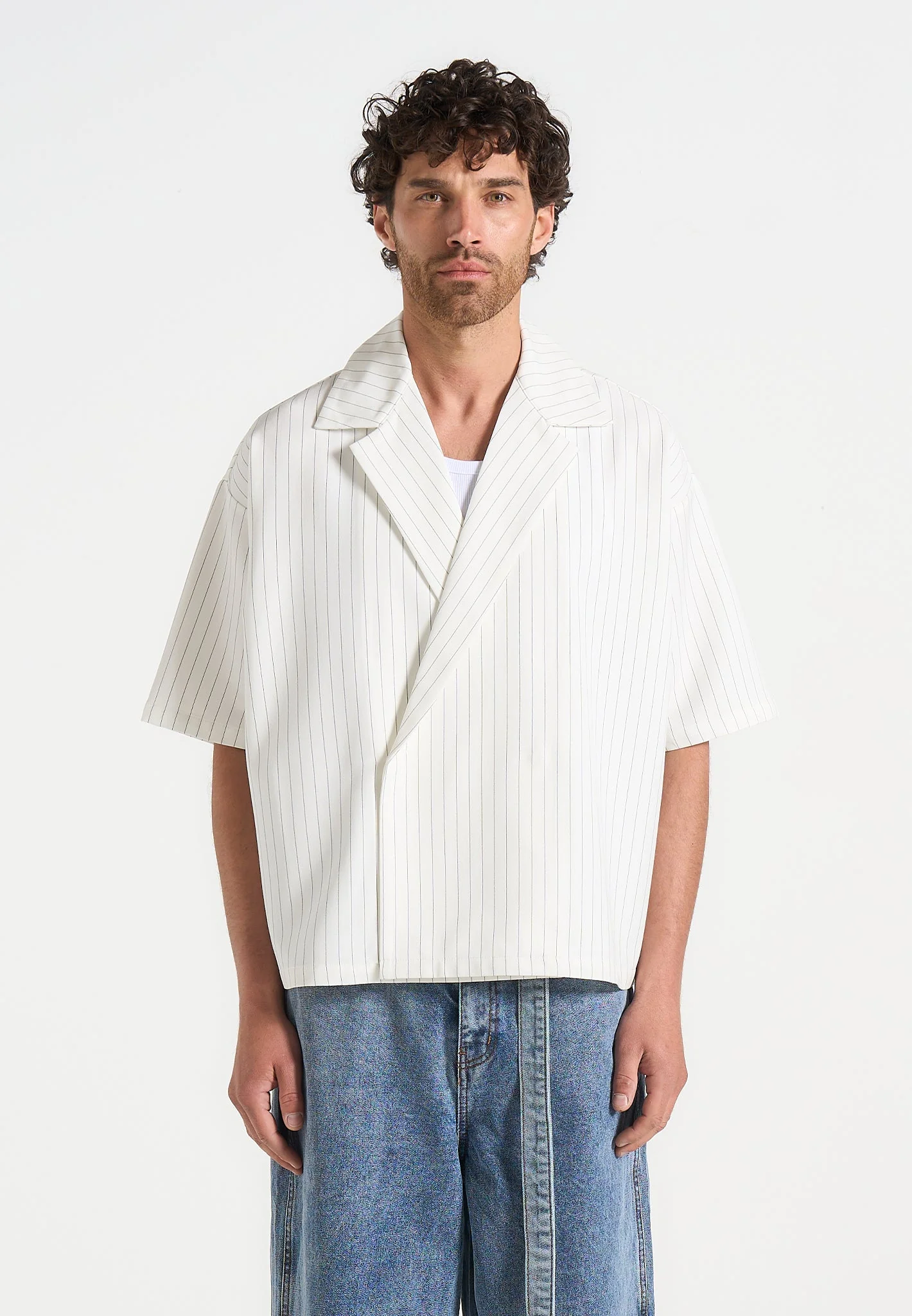 Abel - Boxy Pinstripe Double Breasted Shirt - White - Image 4