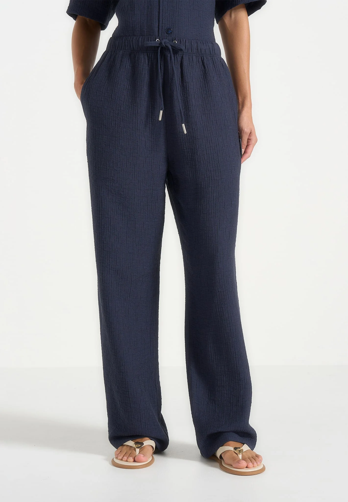 Addison - Unisex Textured Relaxed Fit Trousers - Navy - Image 3