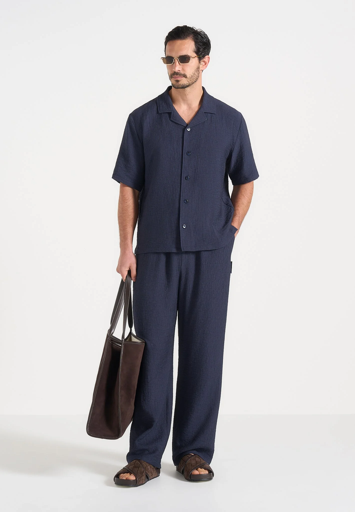 Addison - Unisex Textured Relaxed Fit Trousers - Navy - Image 4