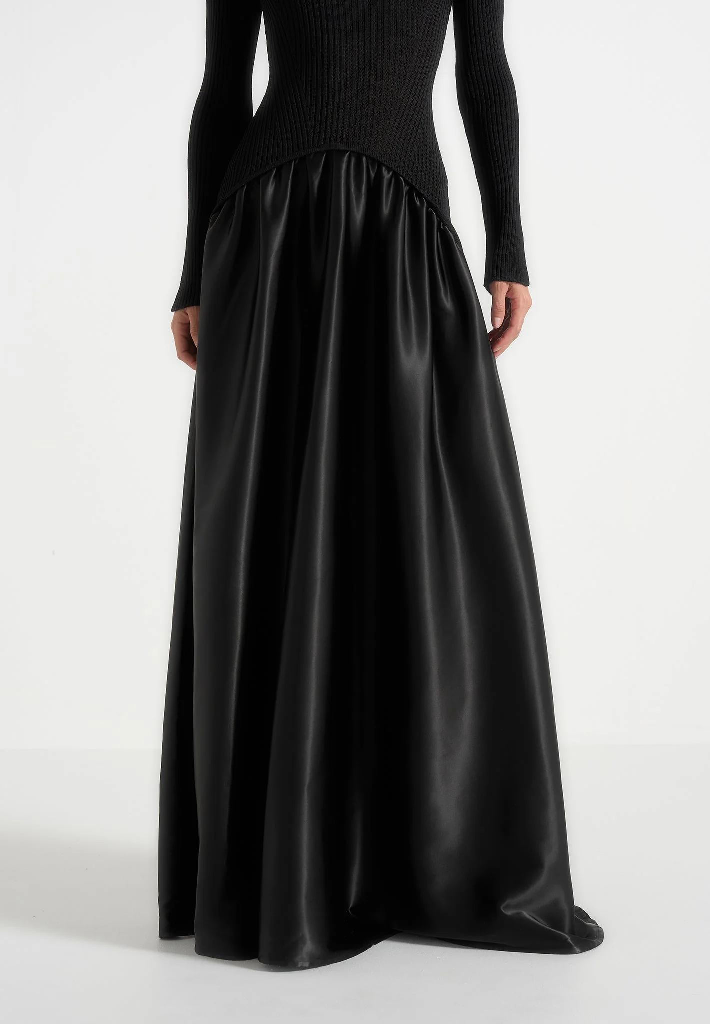 Adeline - Knit & Satin Curved Hem Maxi Dress - Black - Image 3