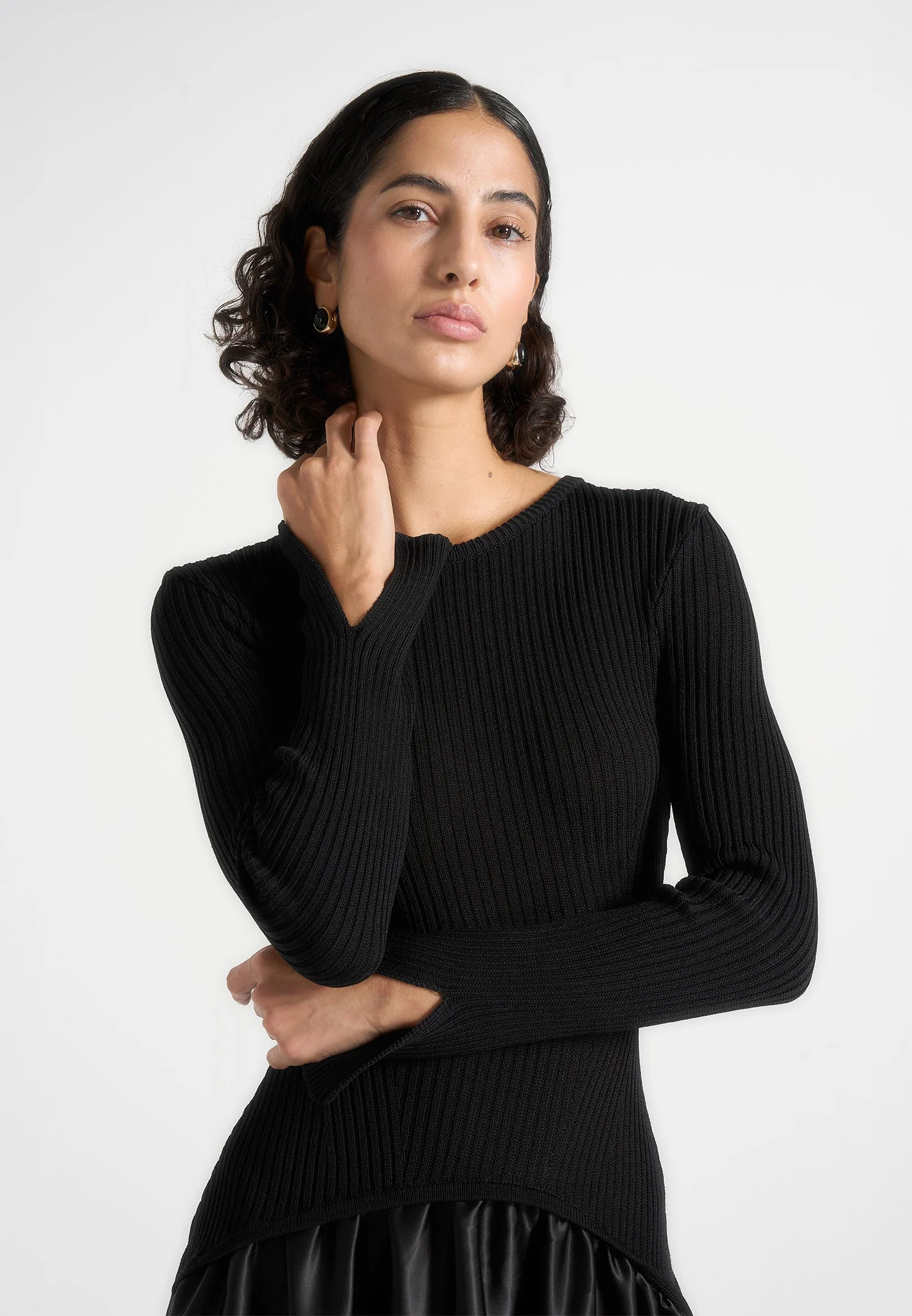 Adeline - Knit & Satin Curved Hem Maxi Dress - Black - Image 4