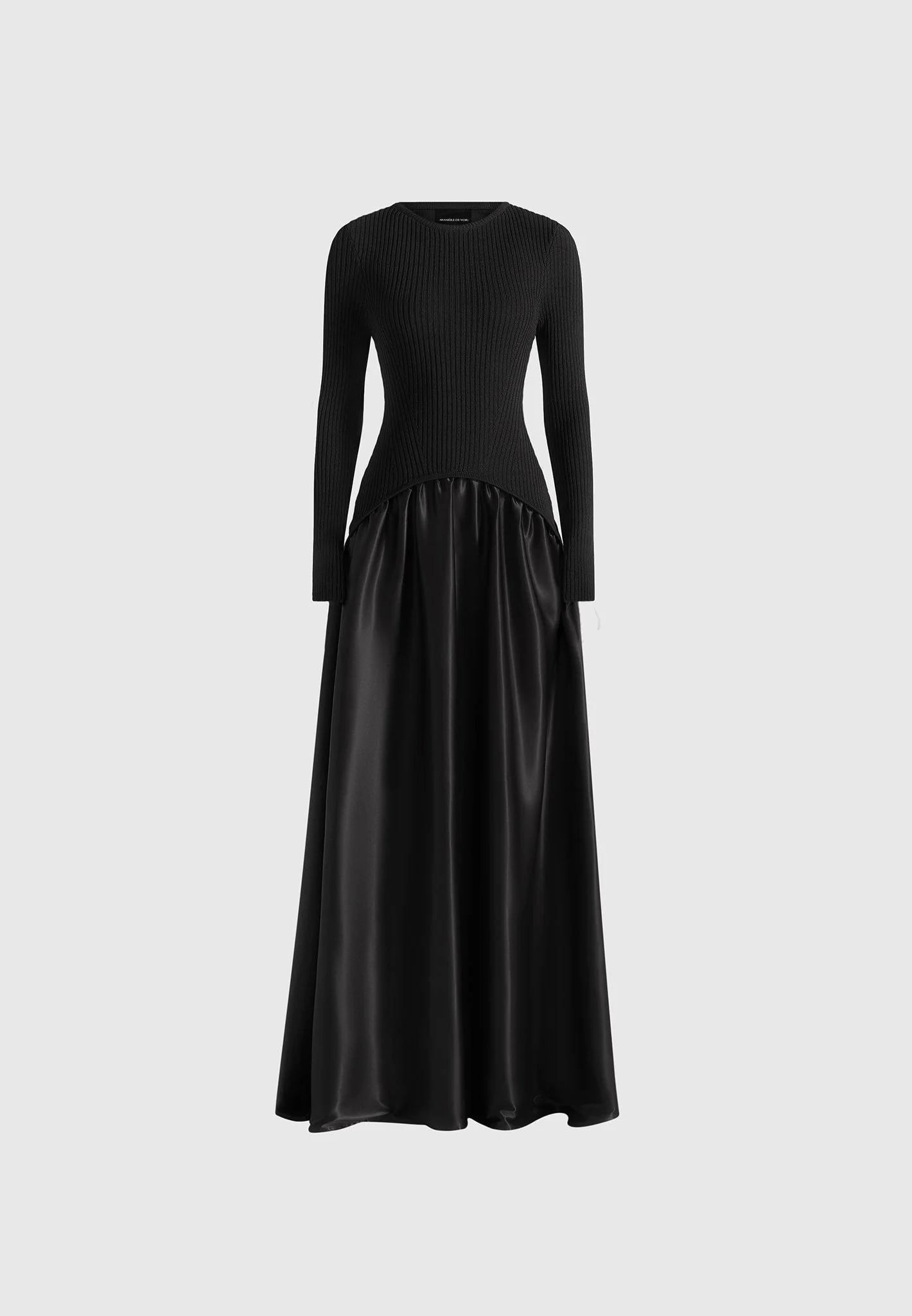 Adeline - Knit & Satin Curved Hem Maxi Dress - Black - Image 6