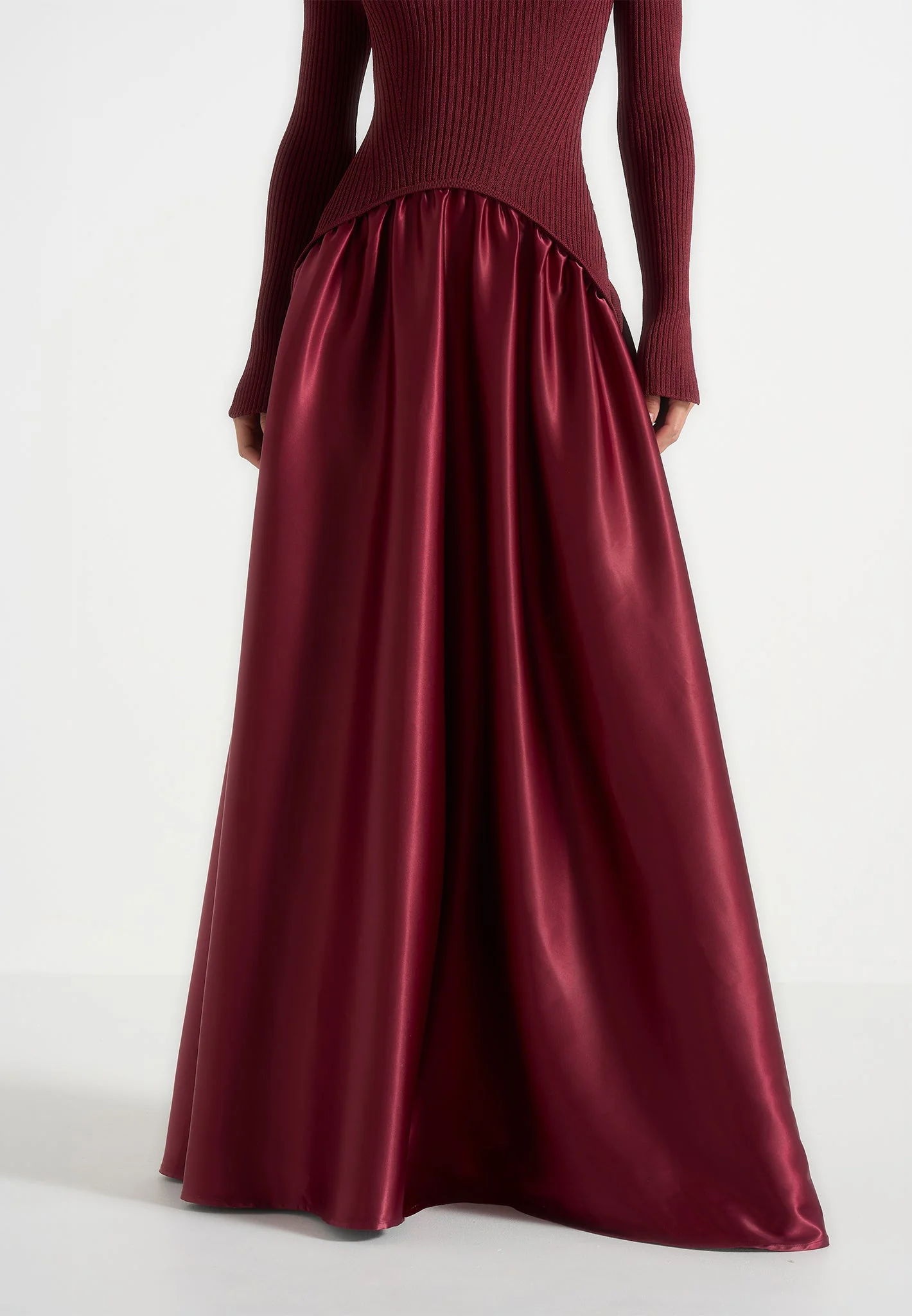 Adeline - Knit & Satin Curved Hem Maxi Dress - Wine Red - Image 3