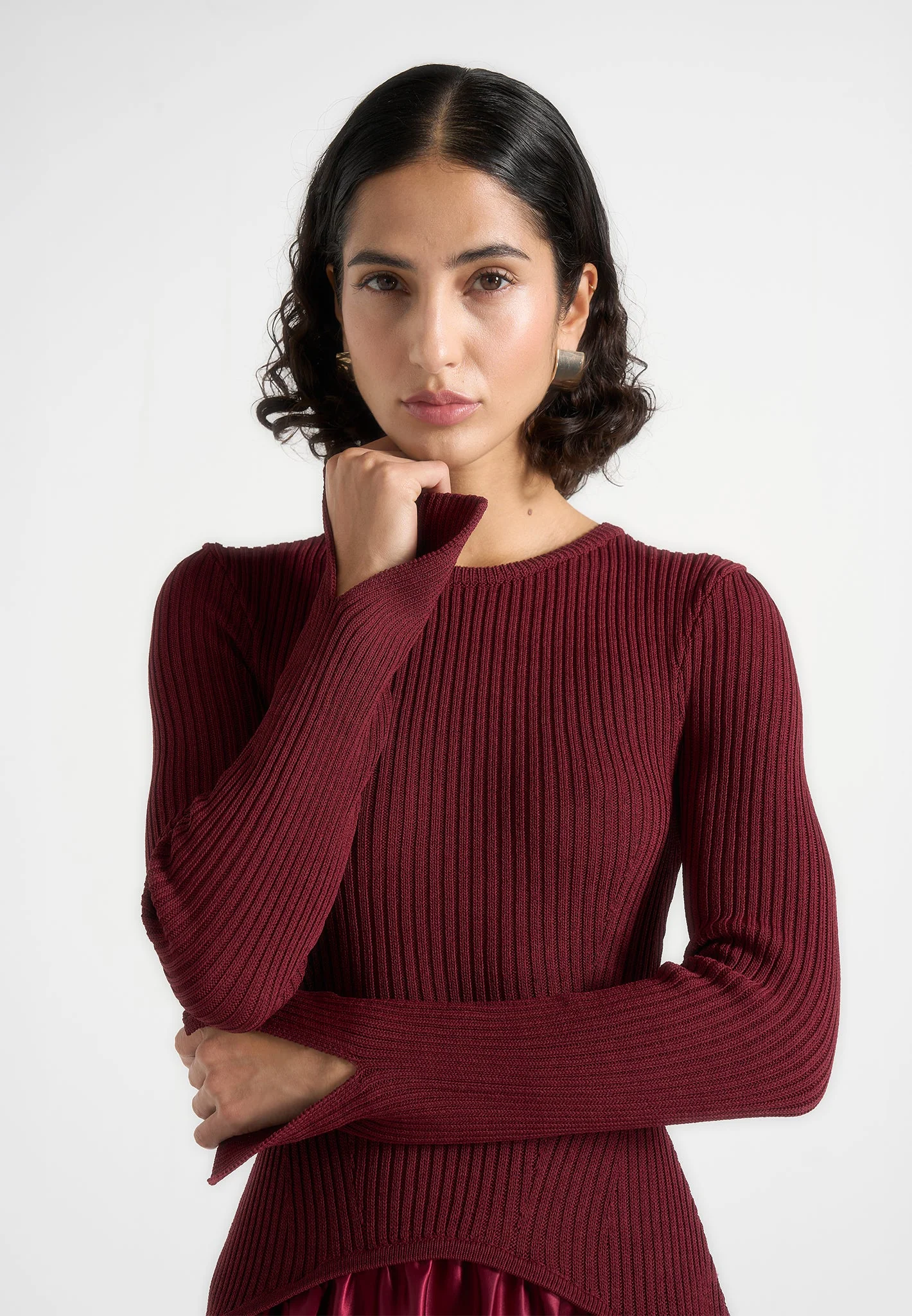 Adeline - Knit & Satin Curved Hem Maxi Dress - Wine Red - Image 4