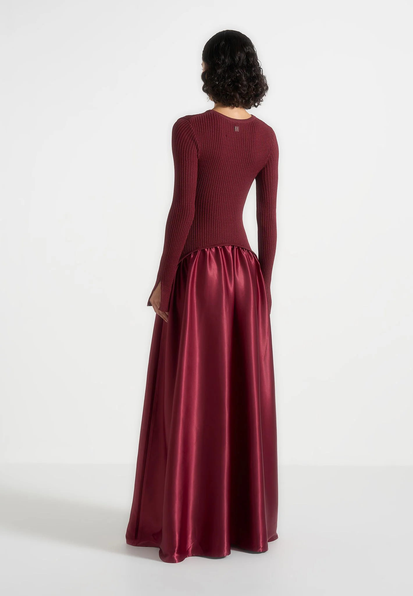 Adeline - Knit & Satin Curved Hem Maxi Dress - Wine Red - Image 5