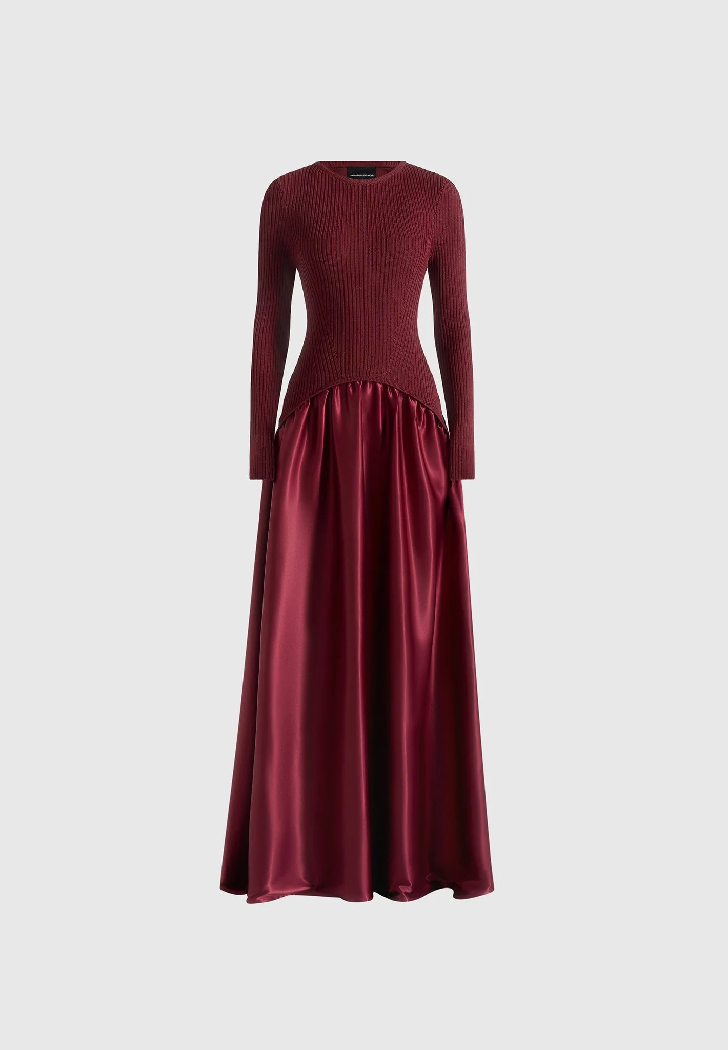Adeline - Knit & Satin Curved Hem Maxi Dress - Wine Red - Image 6