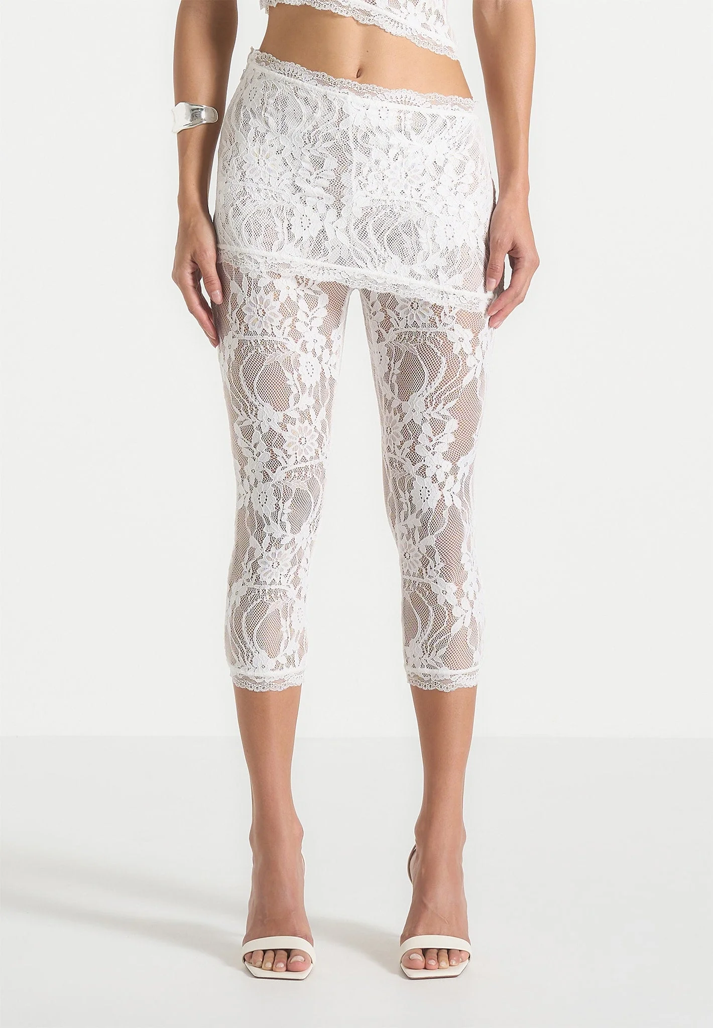 Aimee - Lace Asymmetric Capri Leggings - White - Image 4