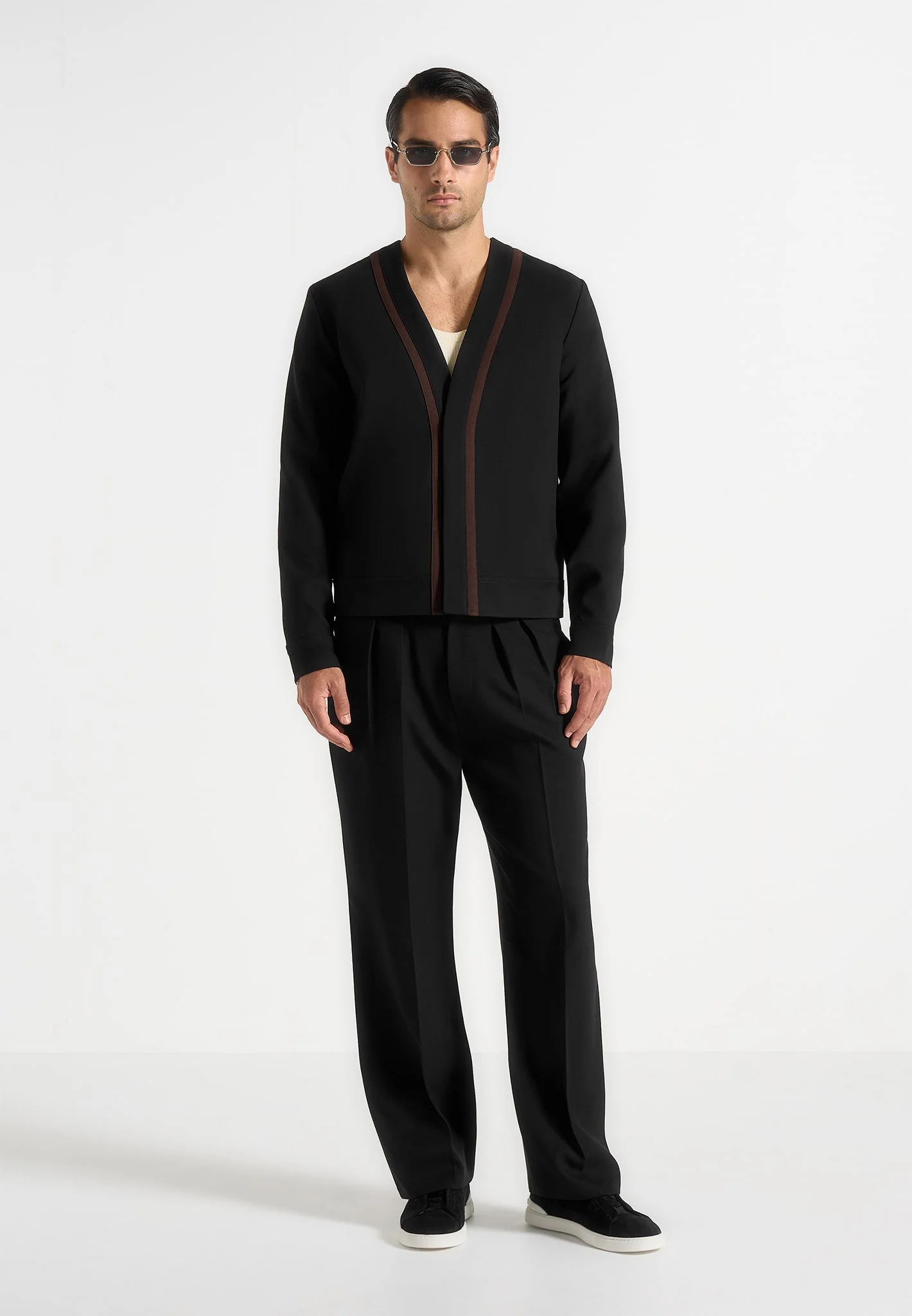Alain - Tailored Cardigan With Contrast Placket - Black - Image 2