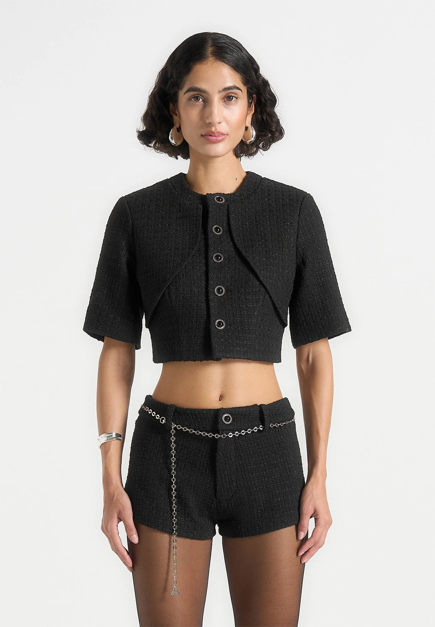 Alba - Tweed Mock Neck Curve Detailing Top - Black - Image 4