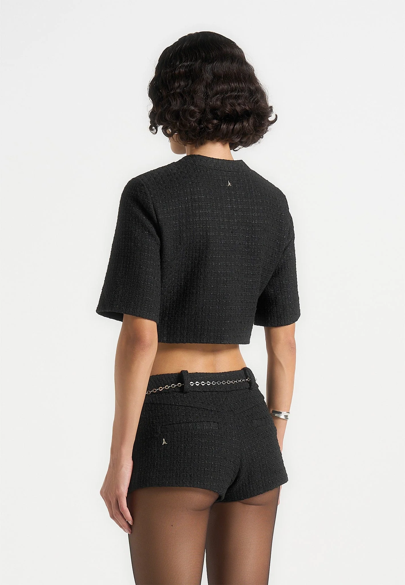 Alba - Tweed Mock Neck Curve Detailing Top - Black - Image 5