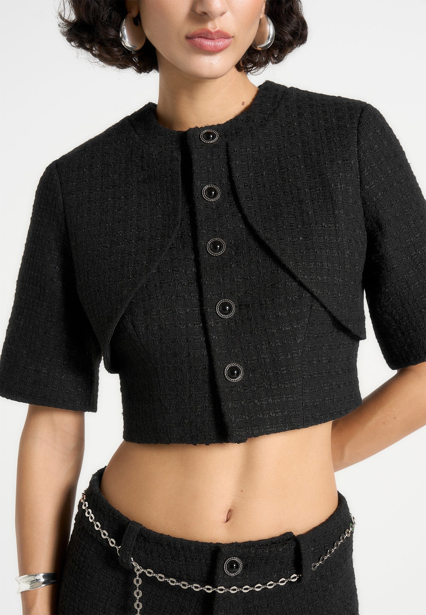 Alba - Tweed Mock Neck Curve Detailing Top - Black - Image 6