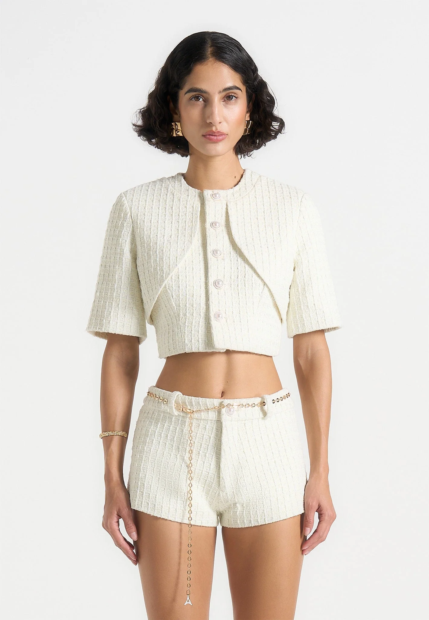 Alba - Tweed Mock Neck Curve Detailing Top - Cream - Image 3