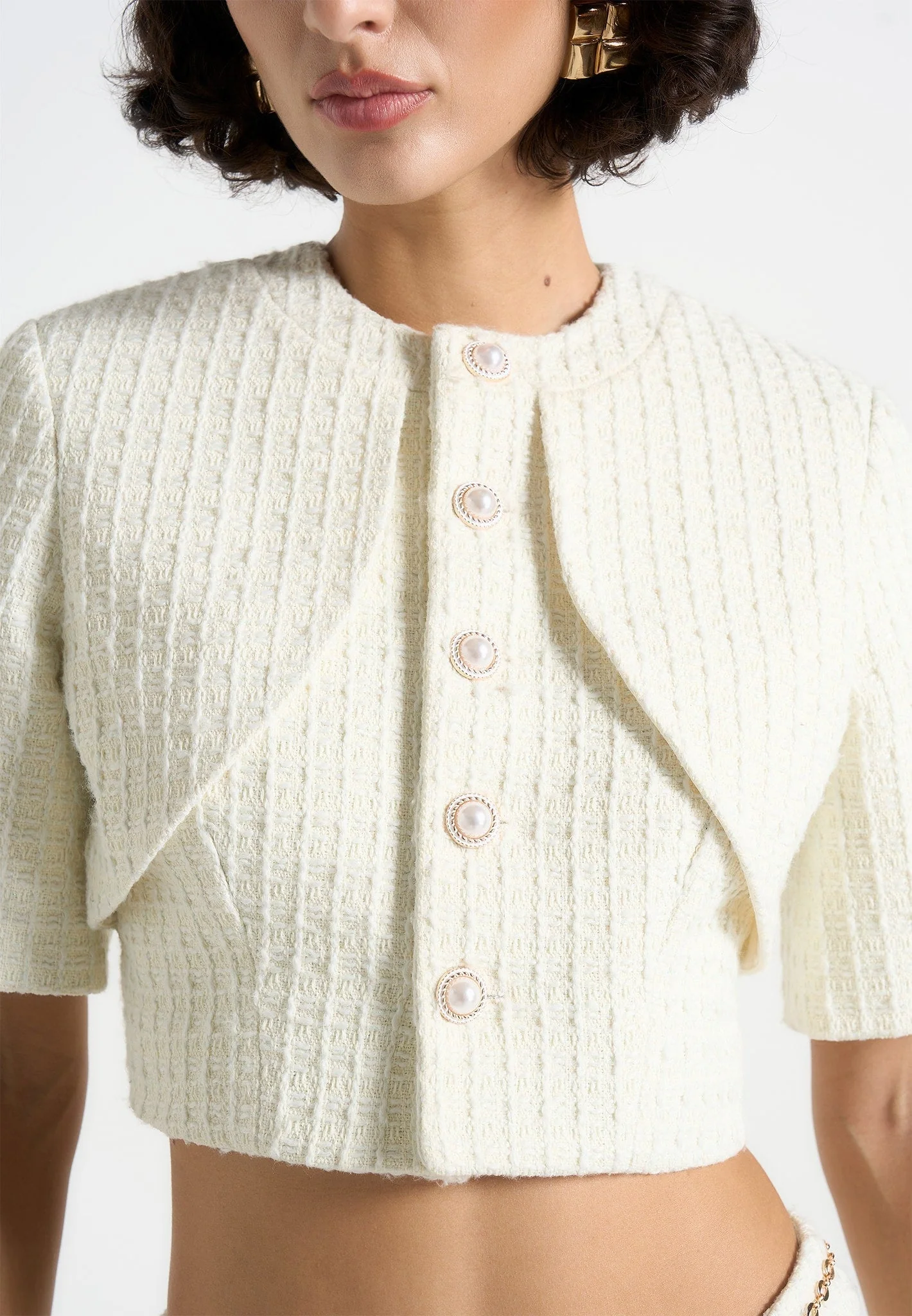 Alba - Tweed Mock Neck Curve Detailing Top - Cream - Image 4