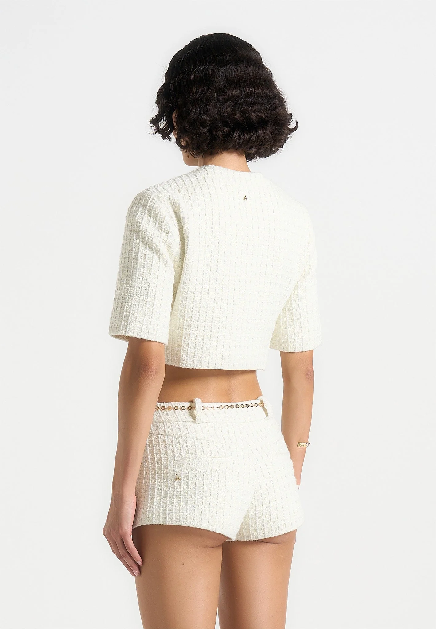 Alba - Tweed Mock Neck Curve Detailing Top - Cream - Image 5
