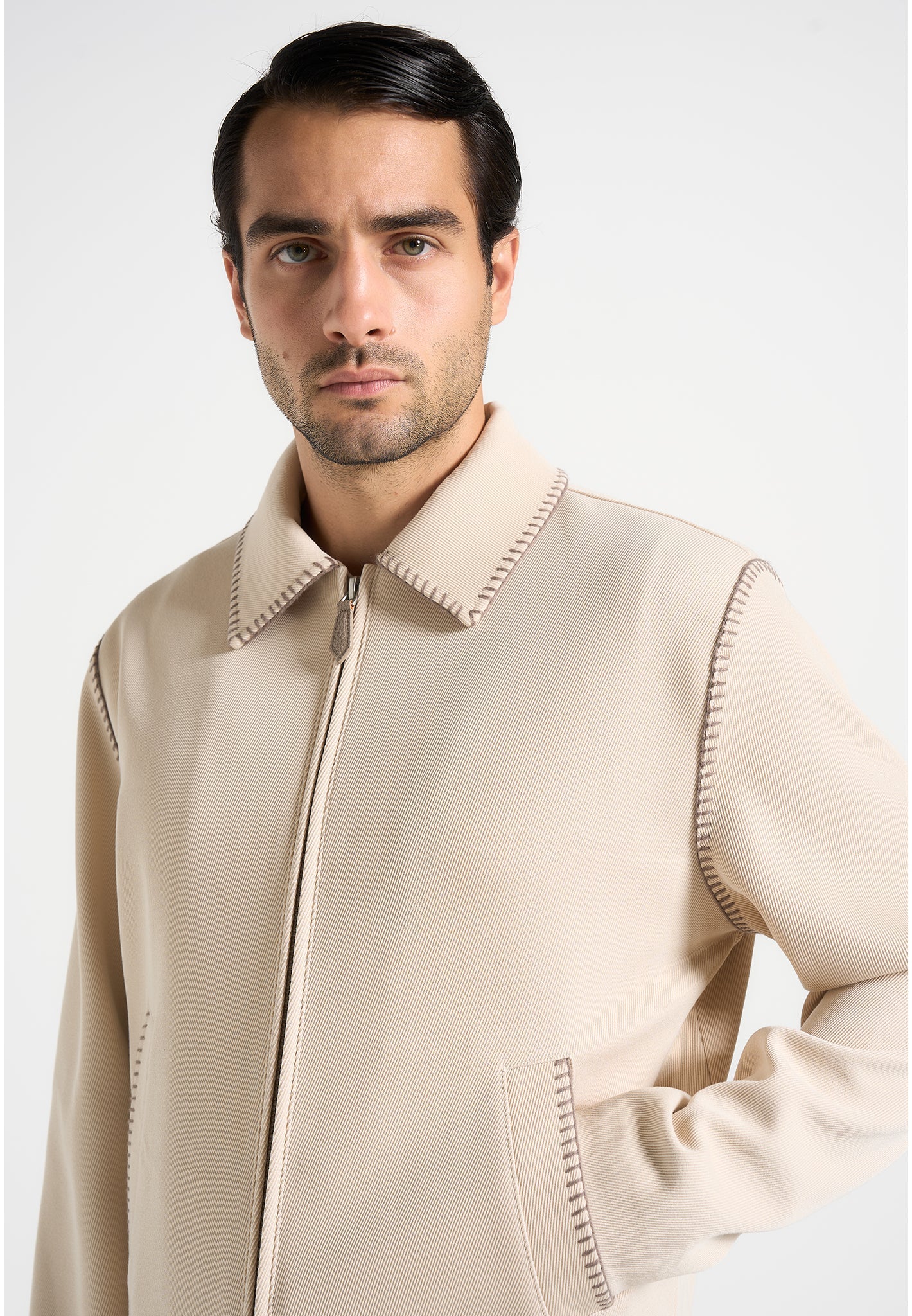 Alex - Whipstitch Twill Boxy Jacket - Cream - Image 3
