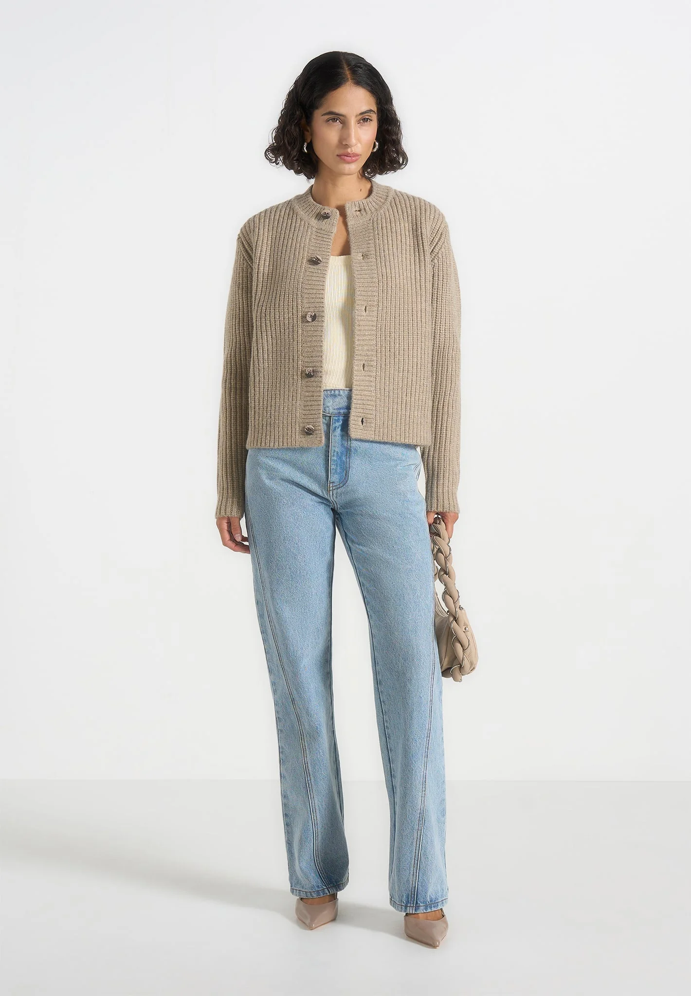 Alix - Unisex Crewneck Ribbed Knit Cardigan - Beige - Image 3