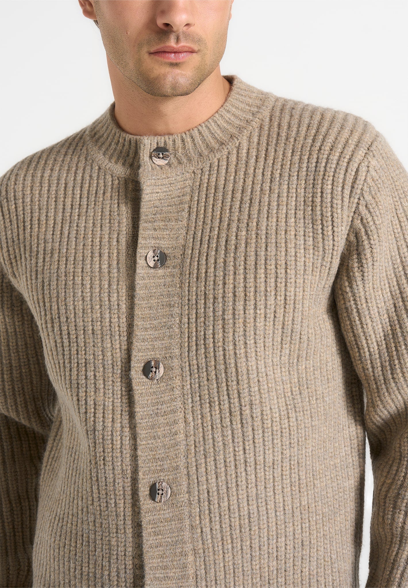 Alix - Unisex Crewneck Ribbed Knit Cardigan - Beige - Image 6