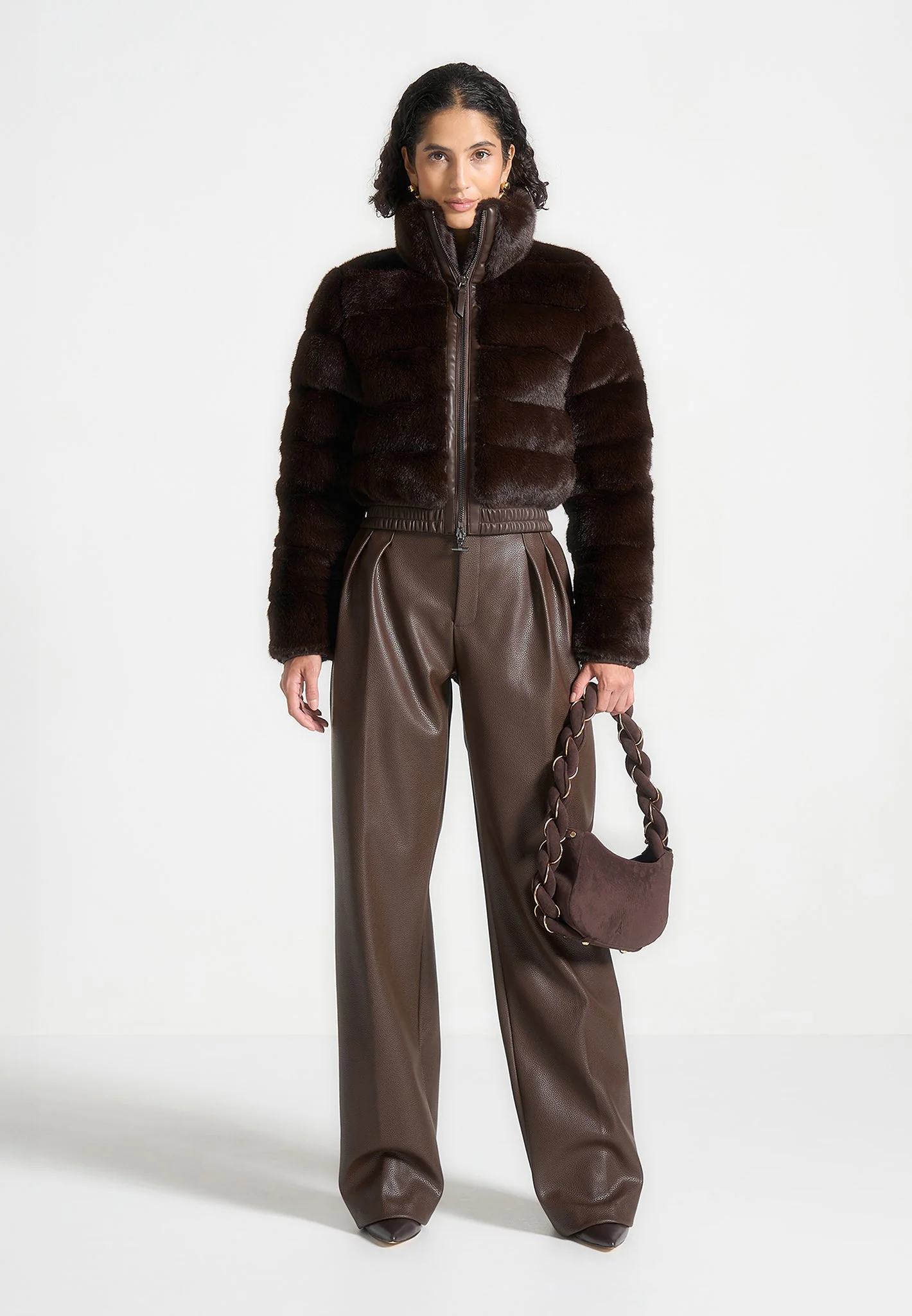 Ama - Plush Ribbed Jacket with Neck Scarf - Brown - Image 2