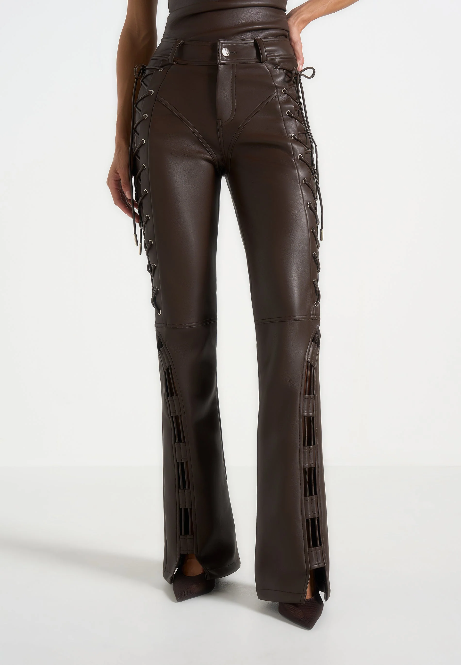 Ambre - Leather Lace Up Flared Trousers - Brown - Image 2