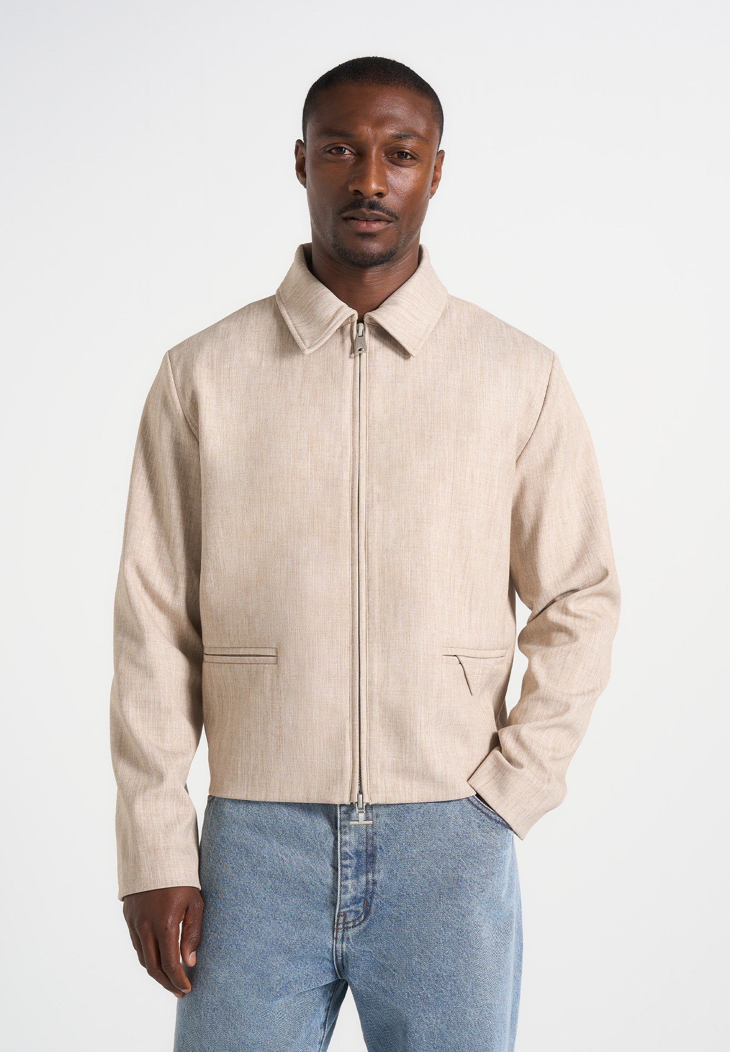 Amir - Boxy Hatched Harrington Jacket - Beige - Image 2