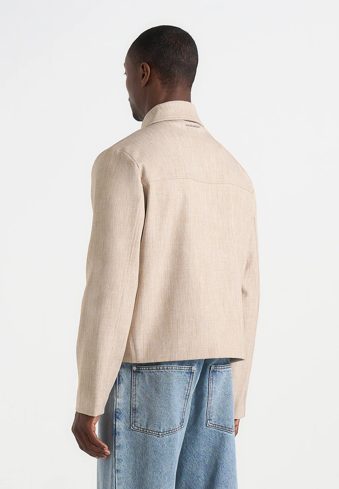 Amir - Boxy Hatched Harrington Jacket - Beige - Image 3