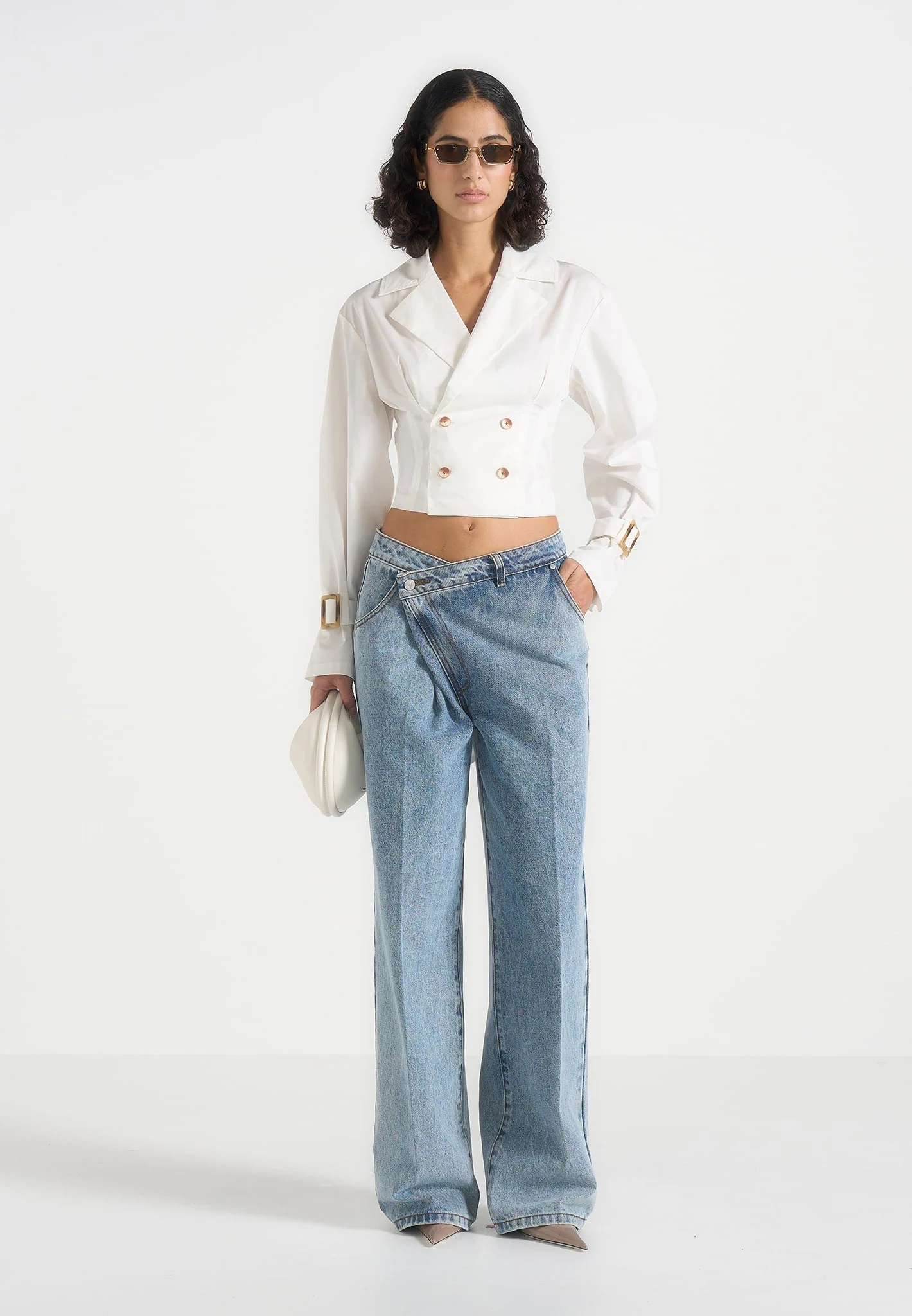 Andrea - Cropped Double-Breasted Open Back Tie Shirt - White - Image 3