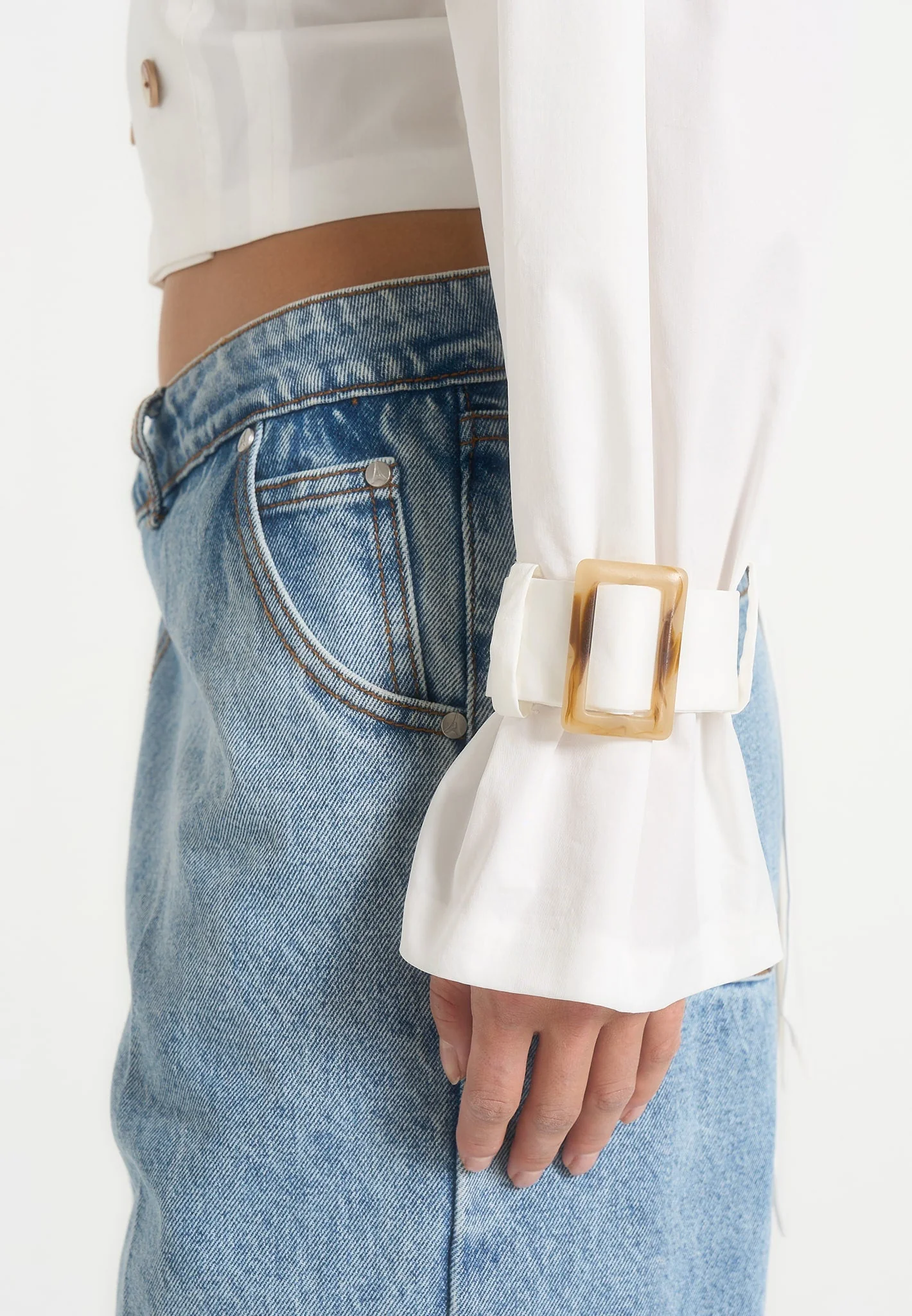 Andrea - Cropped Double-Breasted Open Back Tie Shirt - White - Image 4