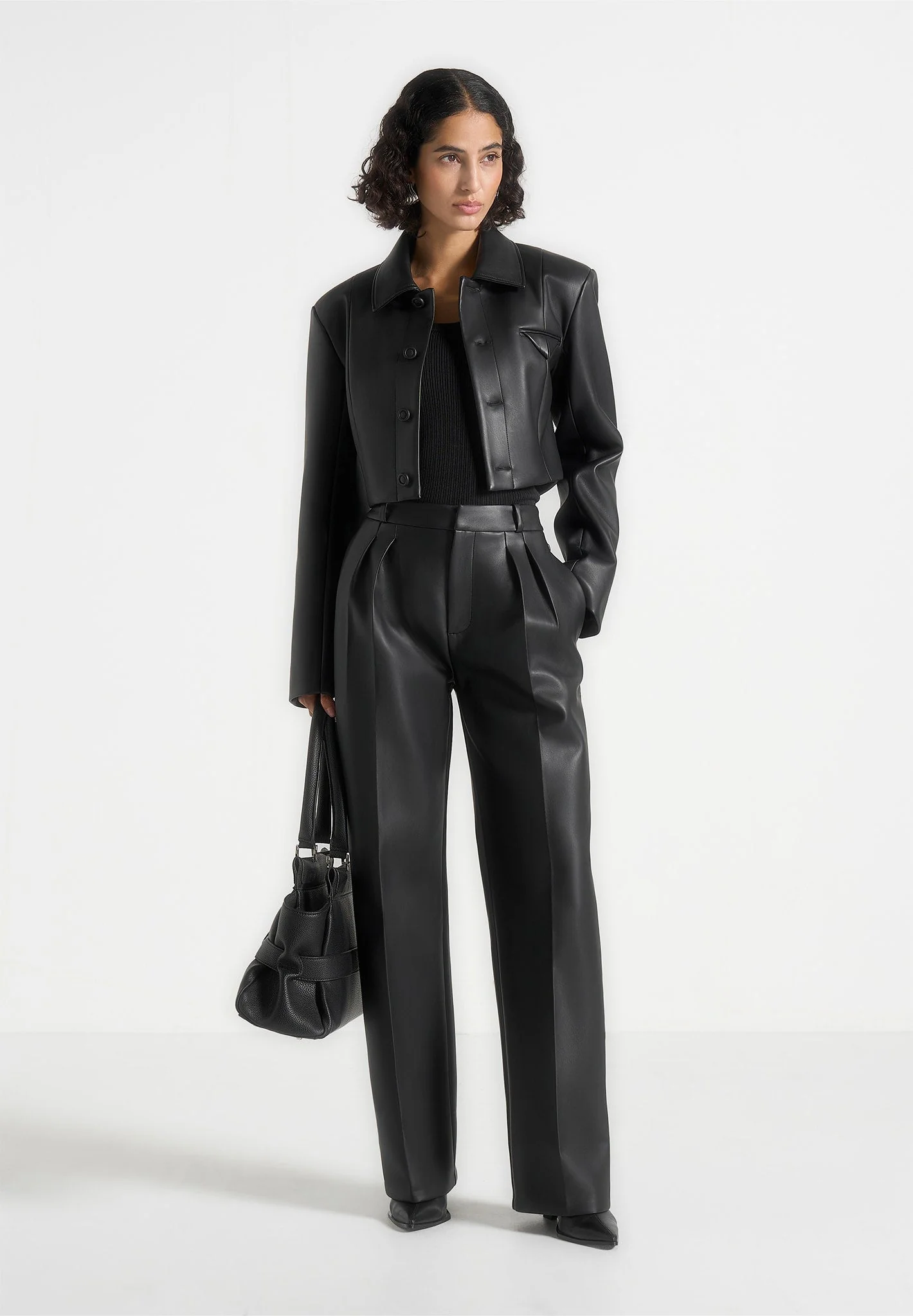 Ania - Wide Shoulder Leather Jacket - Black - Image 2