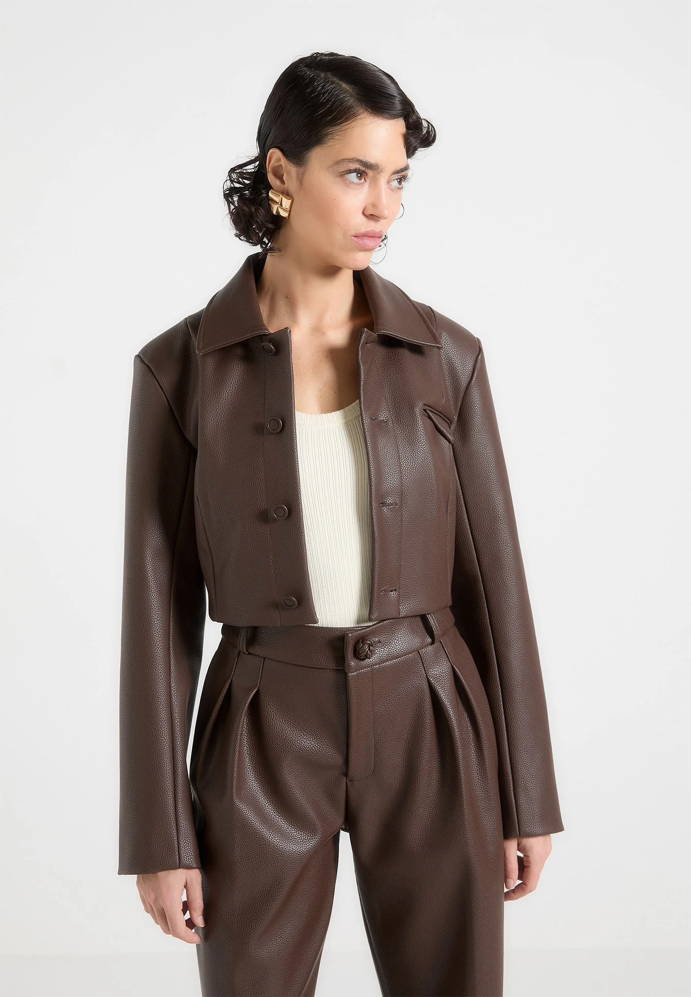 Ania - Wide Shoulder Pebbled Leather Jacket - Brown