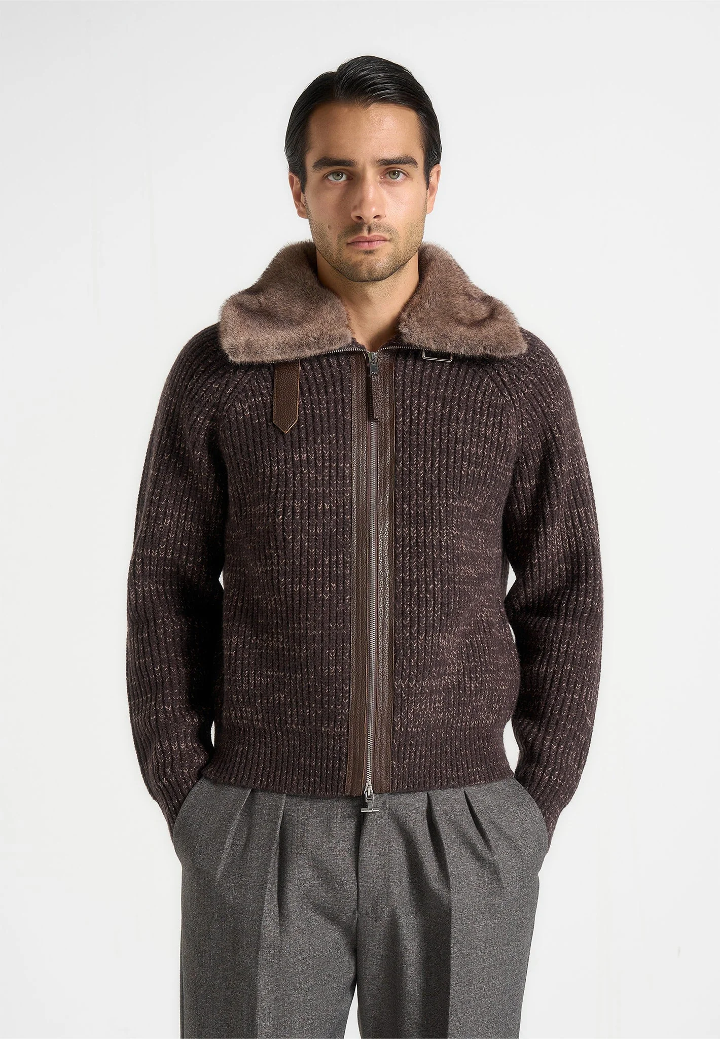 Ariel - Unisex Plush Collar Speckled Knit Jacket - Brown - Image 2