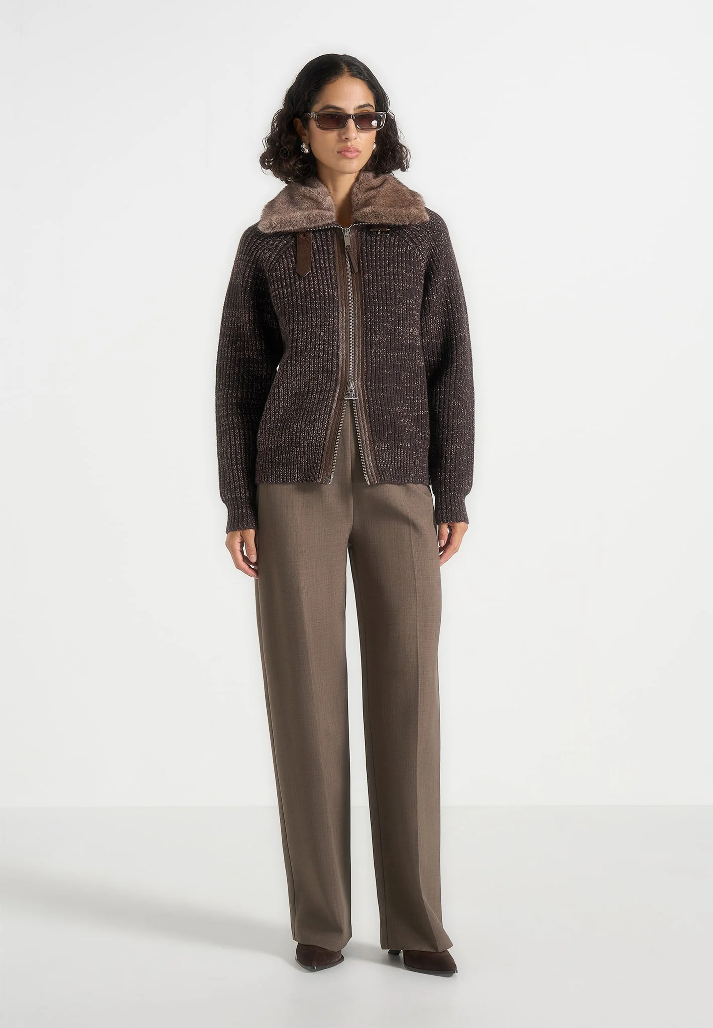 Ariel - Unisex Plush Collar Speckled Knit Jacket - Brown - Image 3