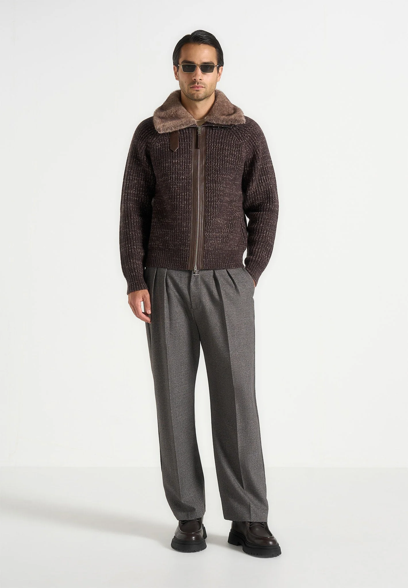 Ariel - Unisex Plush Collar Speckled Knit Jacket - Brown - Image 4