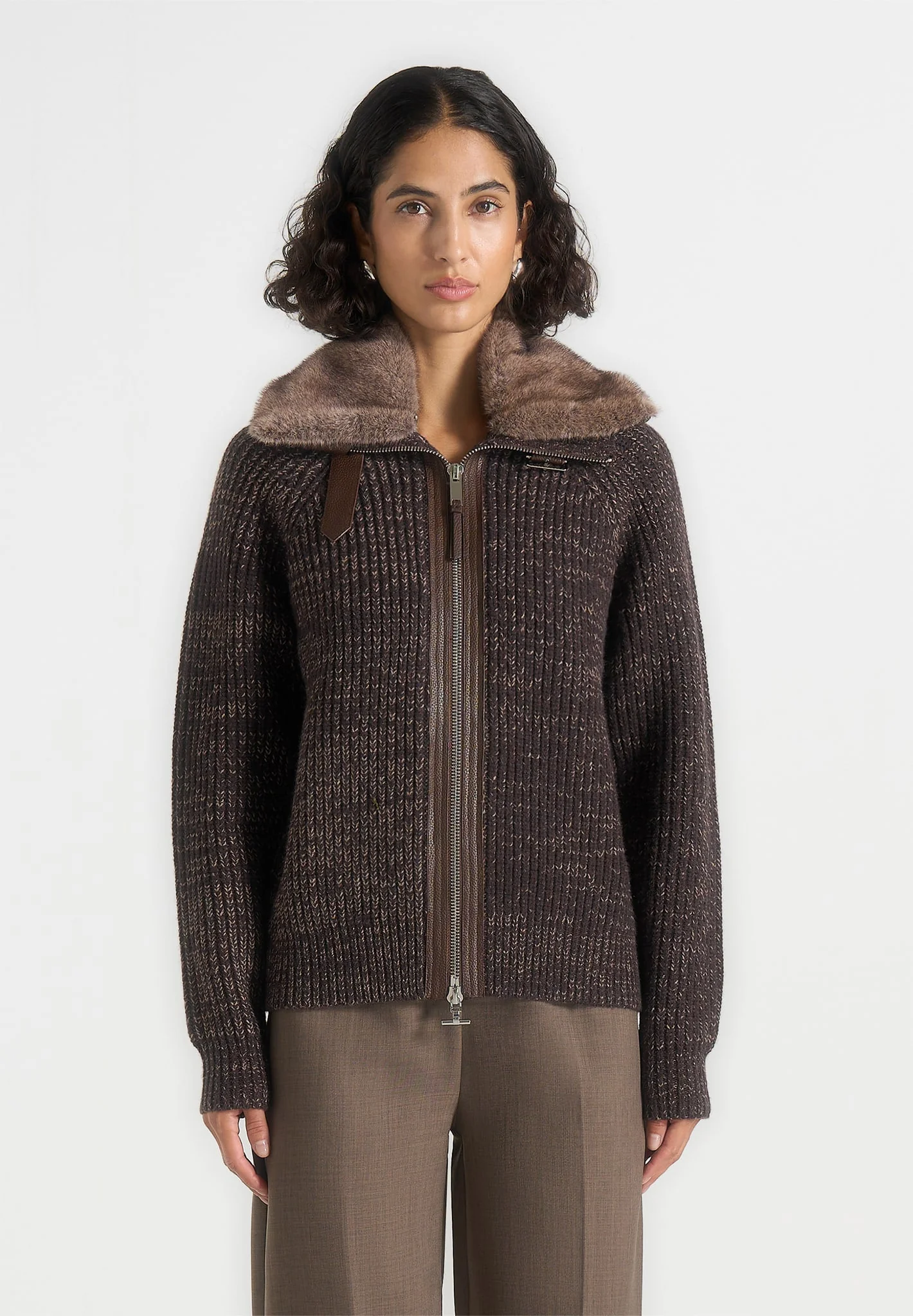 Ariel - Unisex Plush Collar Speckled Knit Jacket - Brown - Image 5