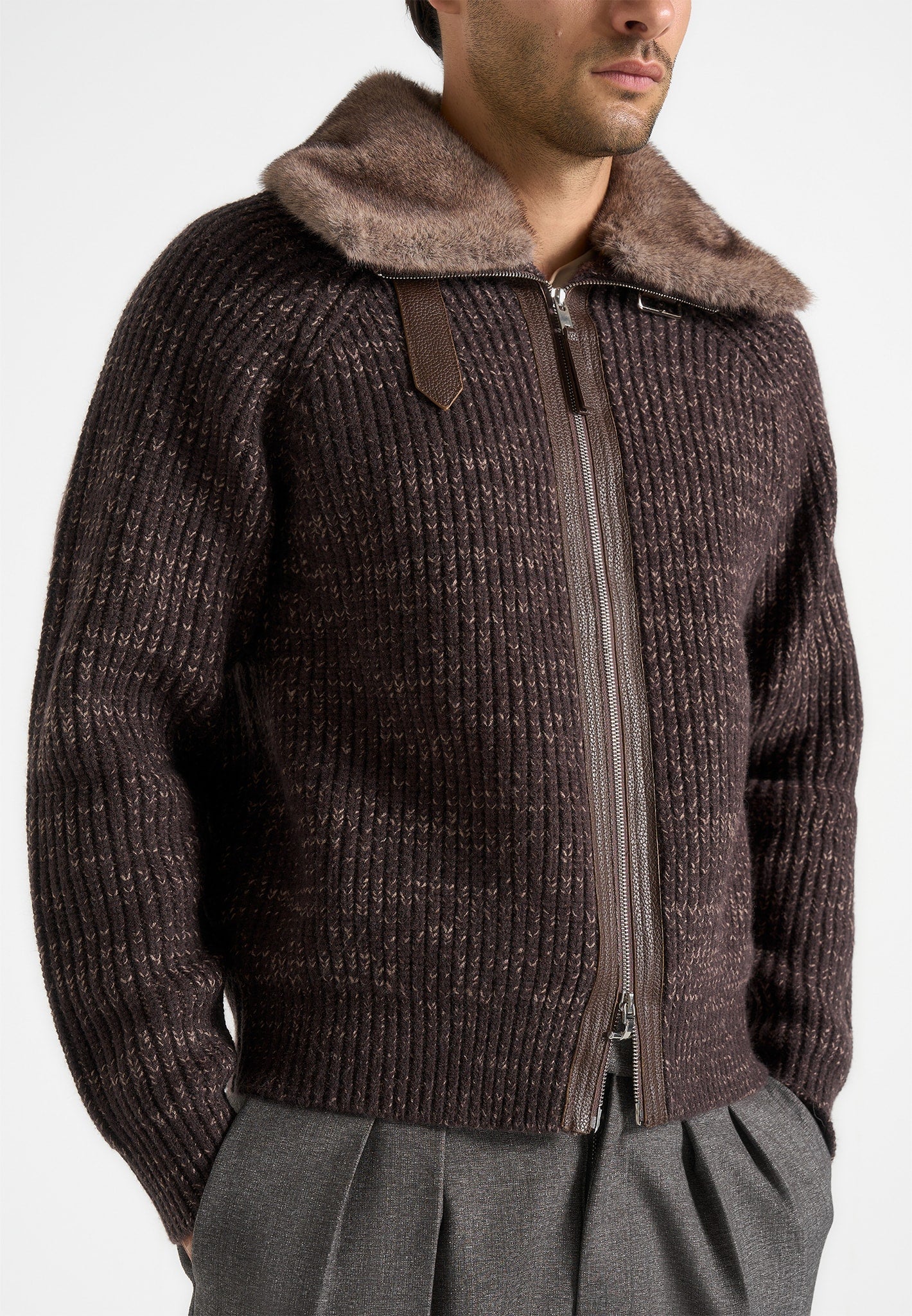 Ariel - Unisex Plush Collar Speckled Knit Jacket - Brown - Image 6