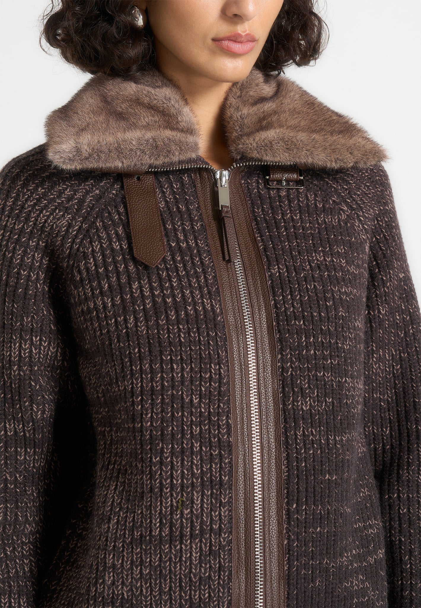 Ariel - Unisex Plush Collar Speckled Knit Jacket - Brown - Image 7