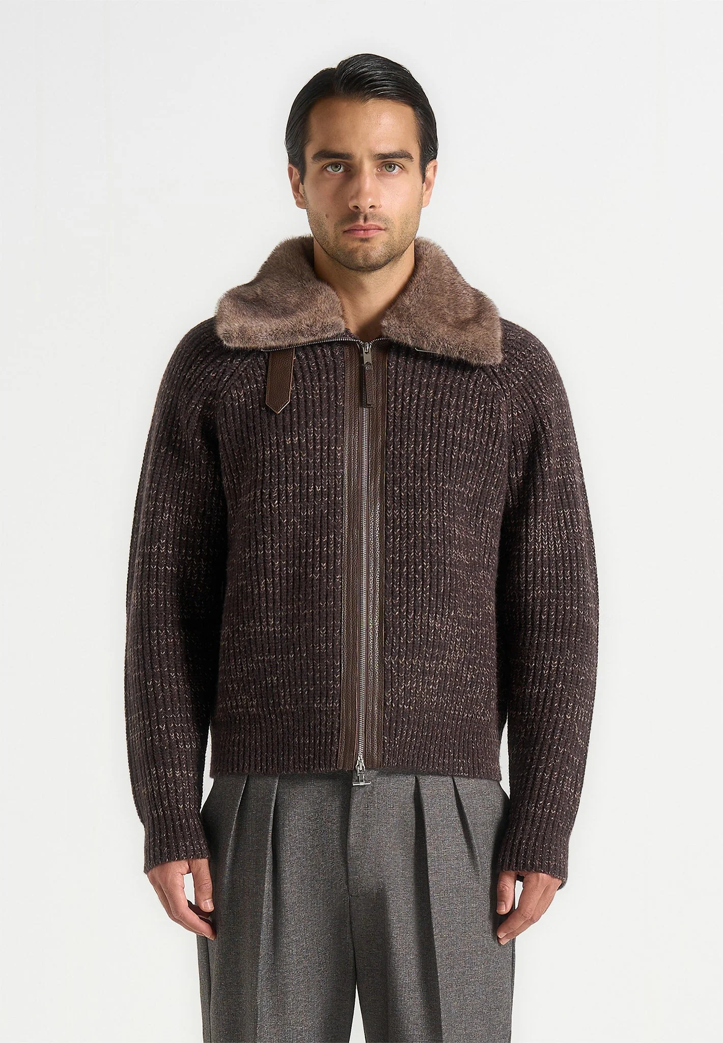 Ariel - Unisex Plush Collar Speckled Knit Jacket - Brown - Image 8