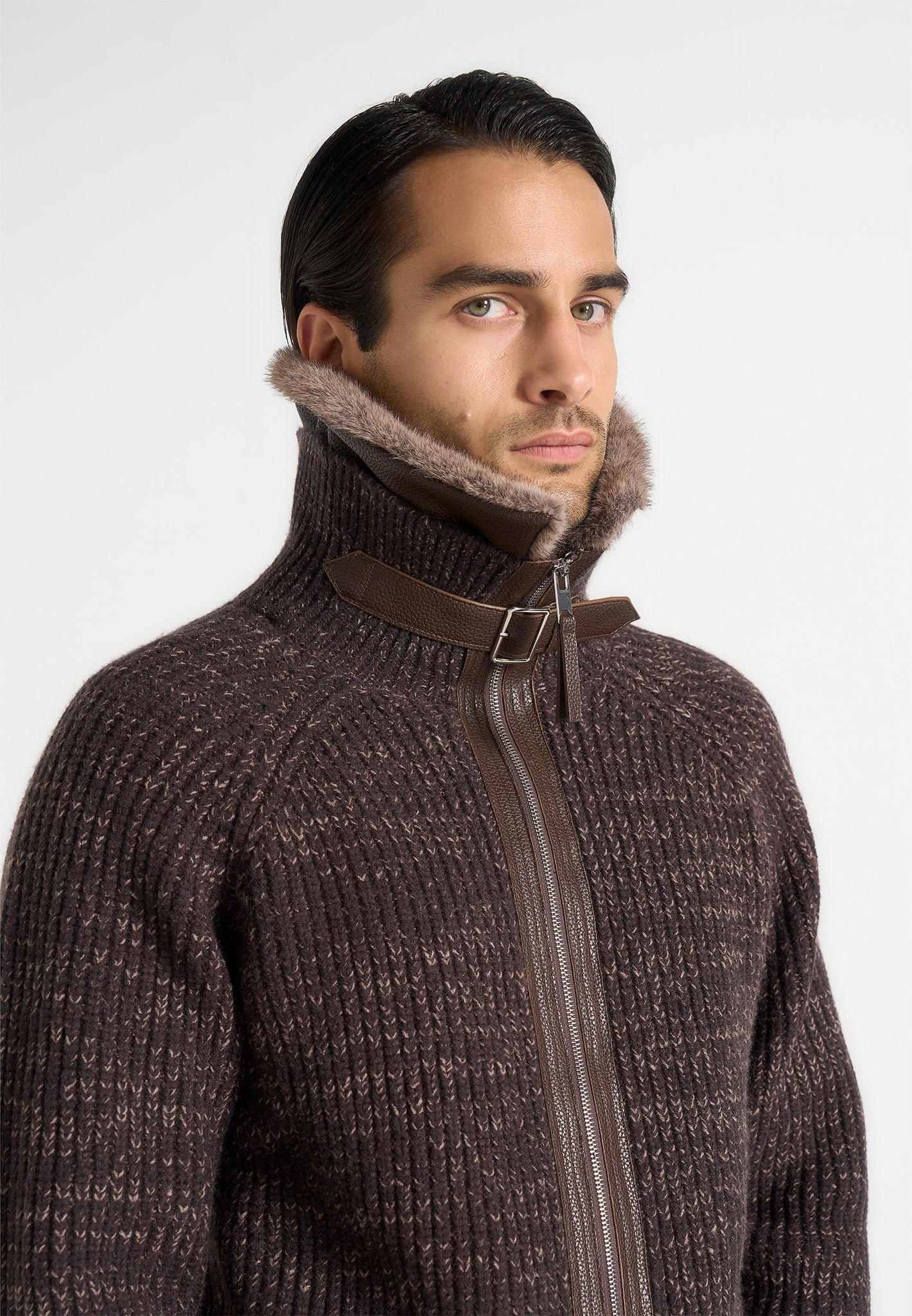 Ariel - Unisex Plush Collar Speckled Knit Jacket - Brown - Image 9