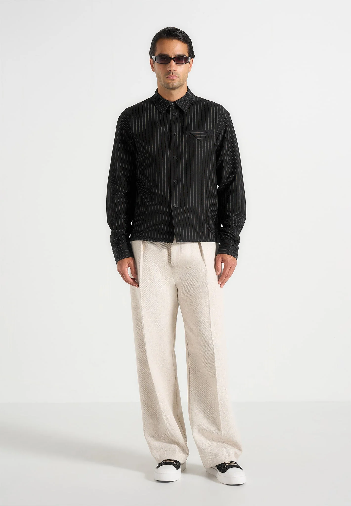 Arlo - Pinstripe Cropped Long Sleeve Shirt - Black - Image 2