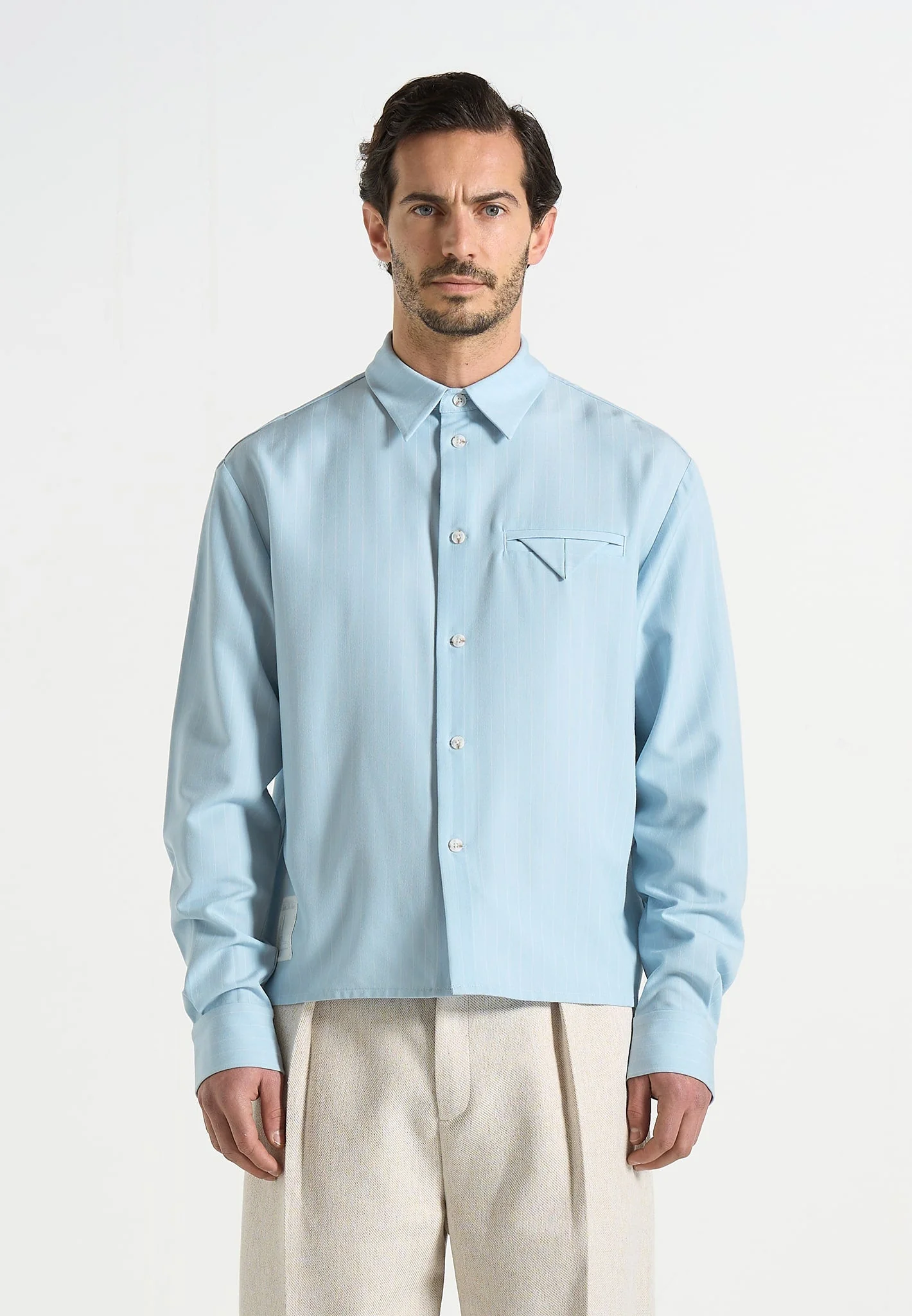 Arlo - Pinstripe Cropped Long Sleeve Shirt - Blue - Image 3