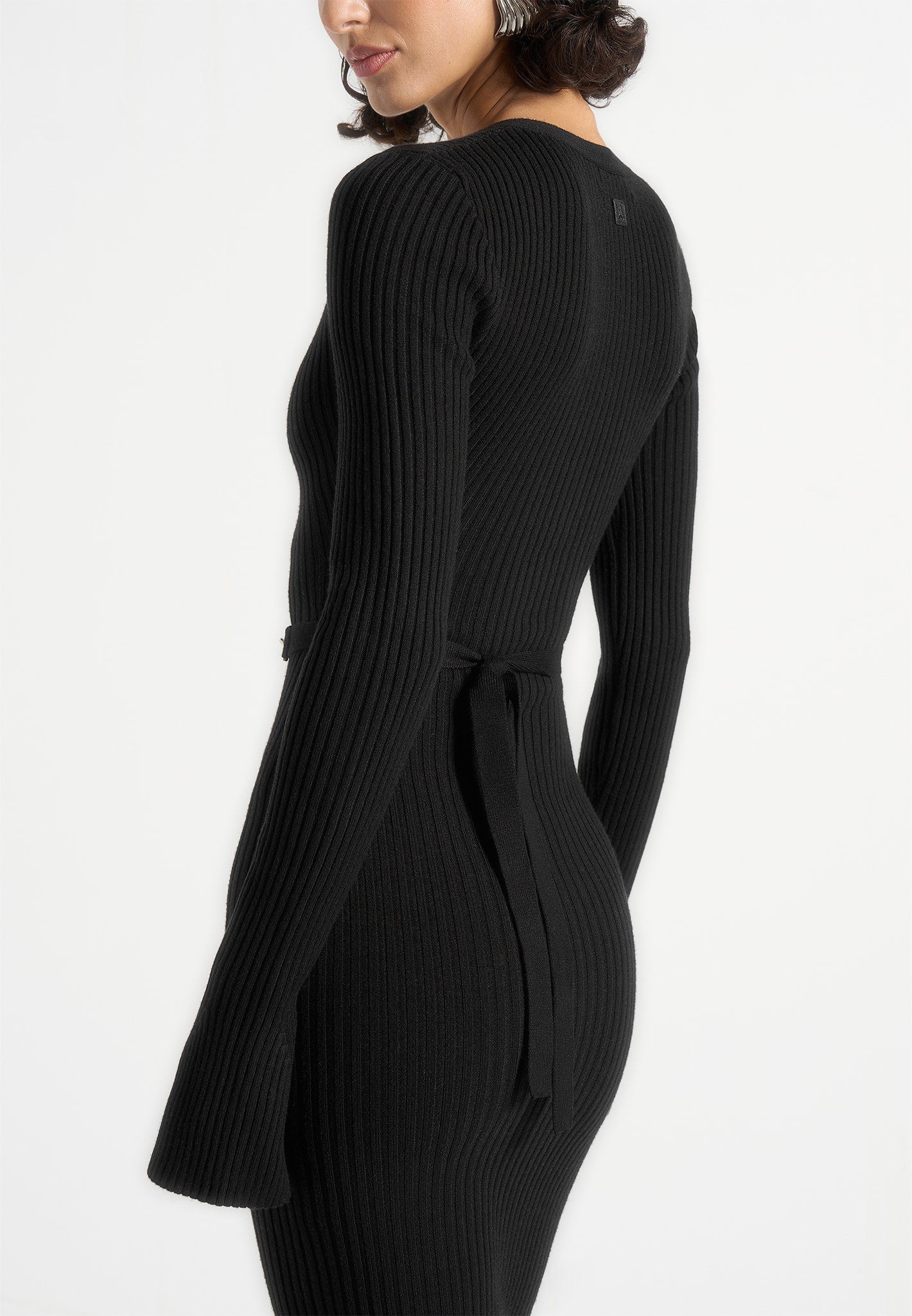 Assia - Long Sleeve Knitted Maxi Dress With Belt - Black - Image 3