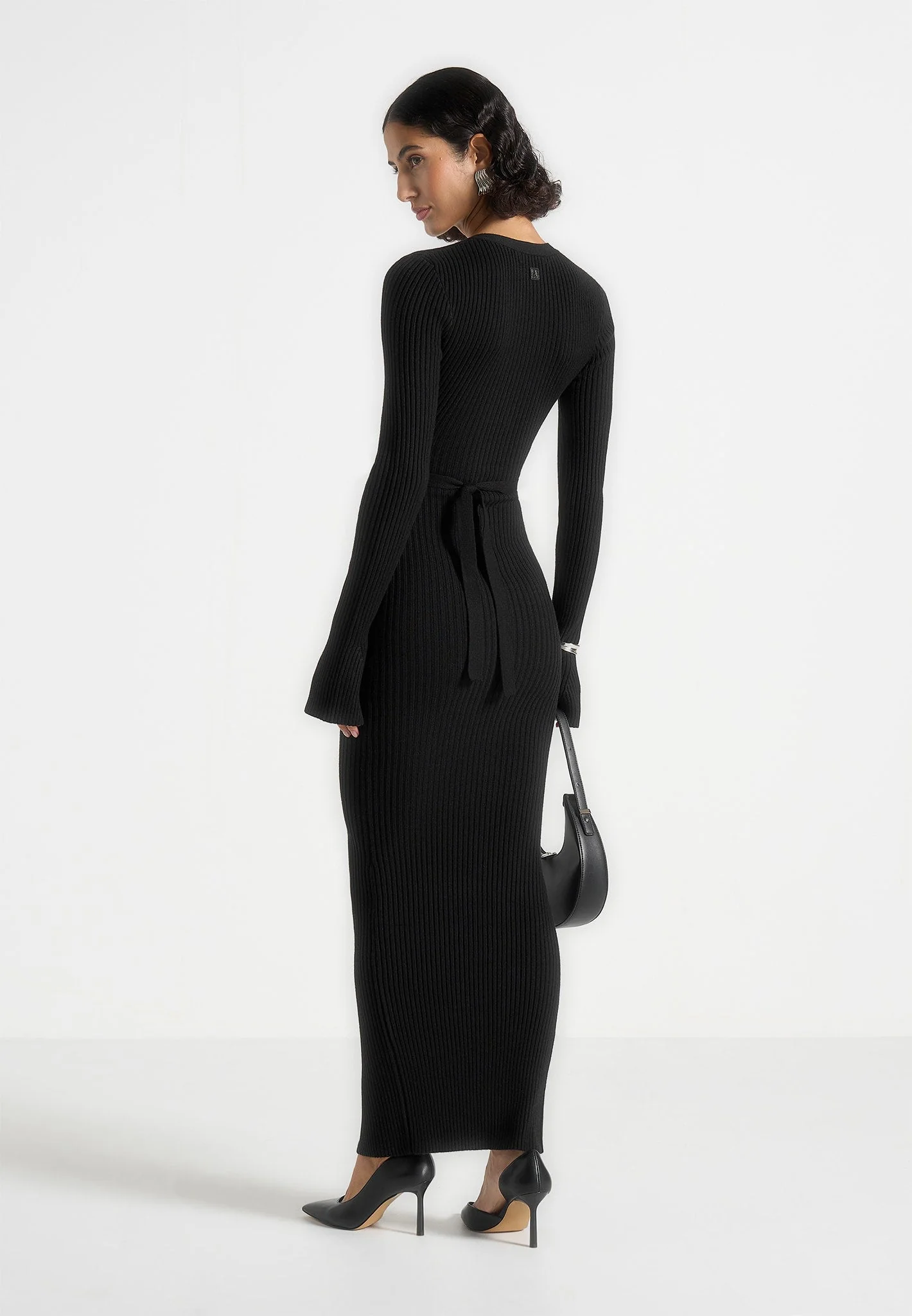 Assia - Long Sleeve Knitted Maxi Dress With Belt - Black - Image 4