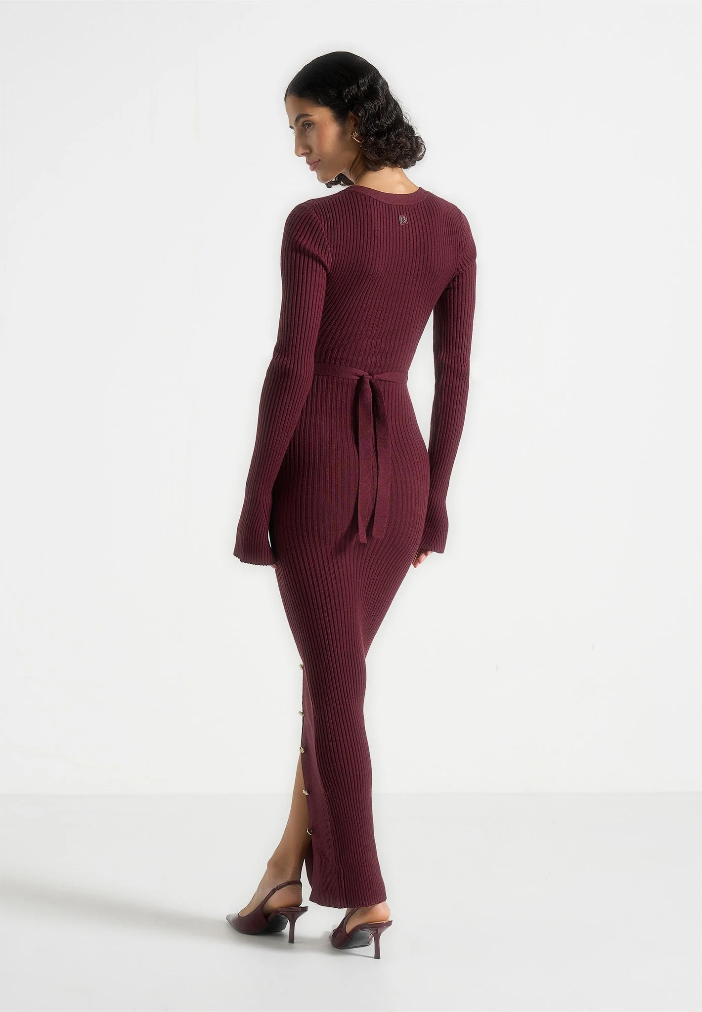 Assia - Long Sleeve Knitted Maxi Dress With Belt - Wine Red - Image 3