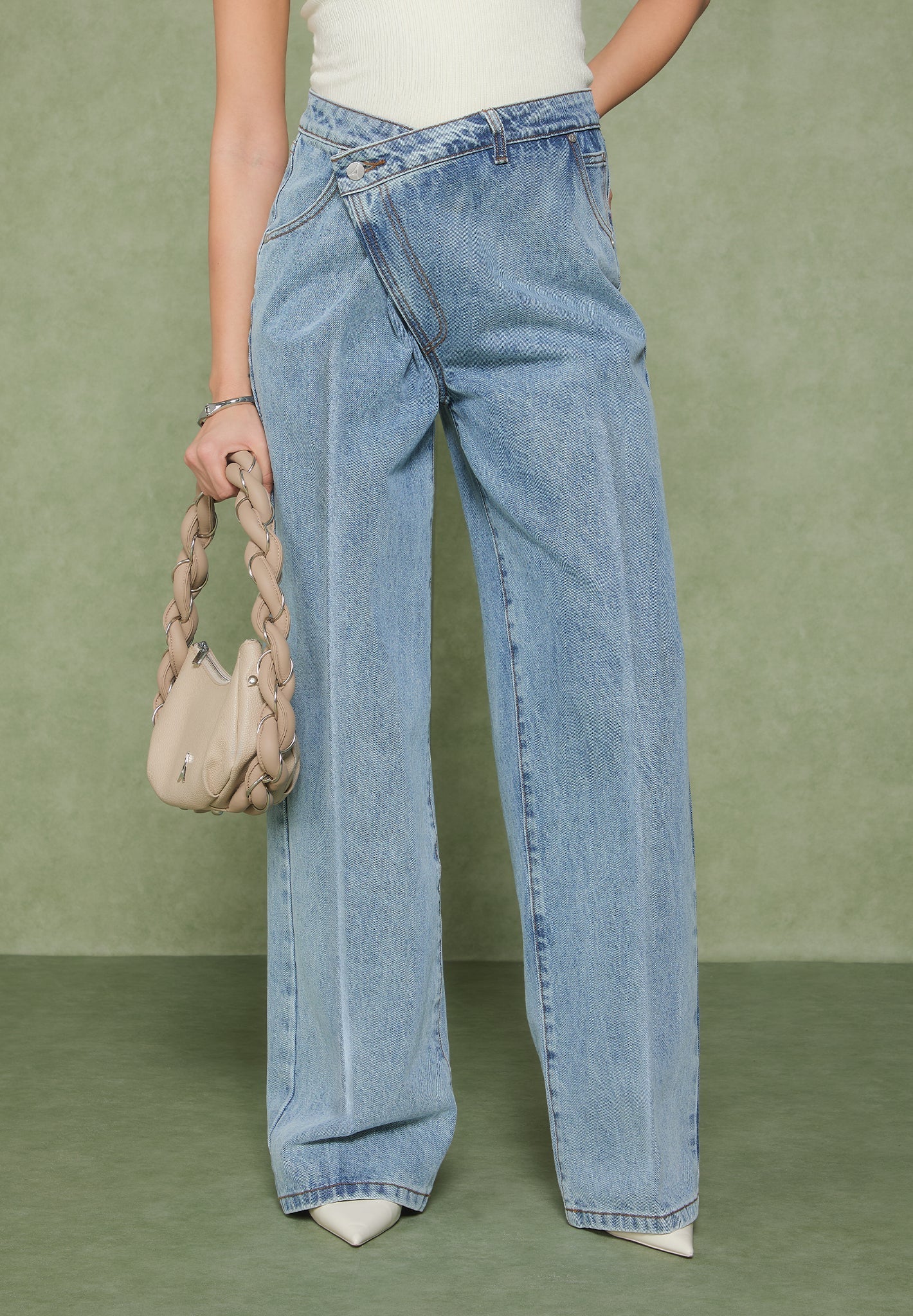 Astrid - Wrapover Wide Leg Denim Jeans - Mid Blue - Image 3