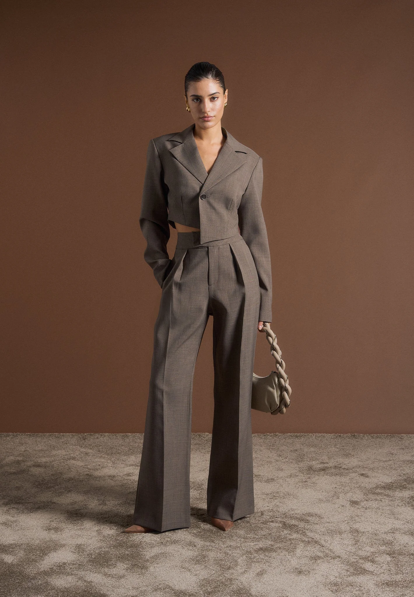 Dina - Asymmetric Tailored Cropped Blazer - Dark Taupe - Image 3