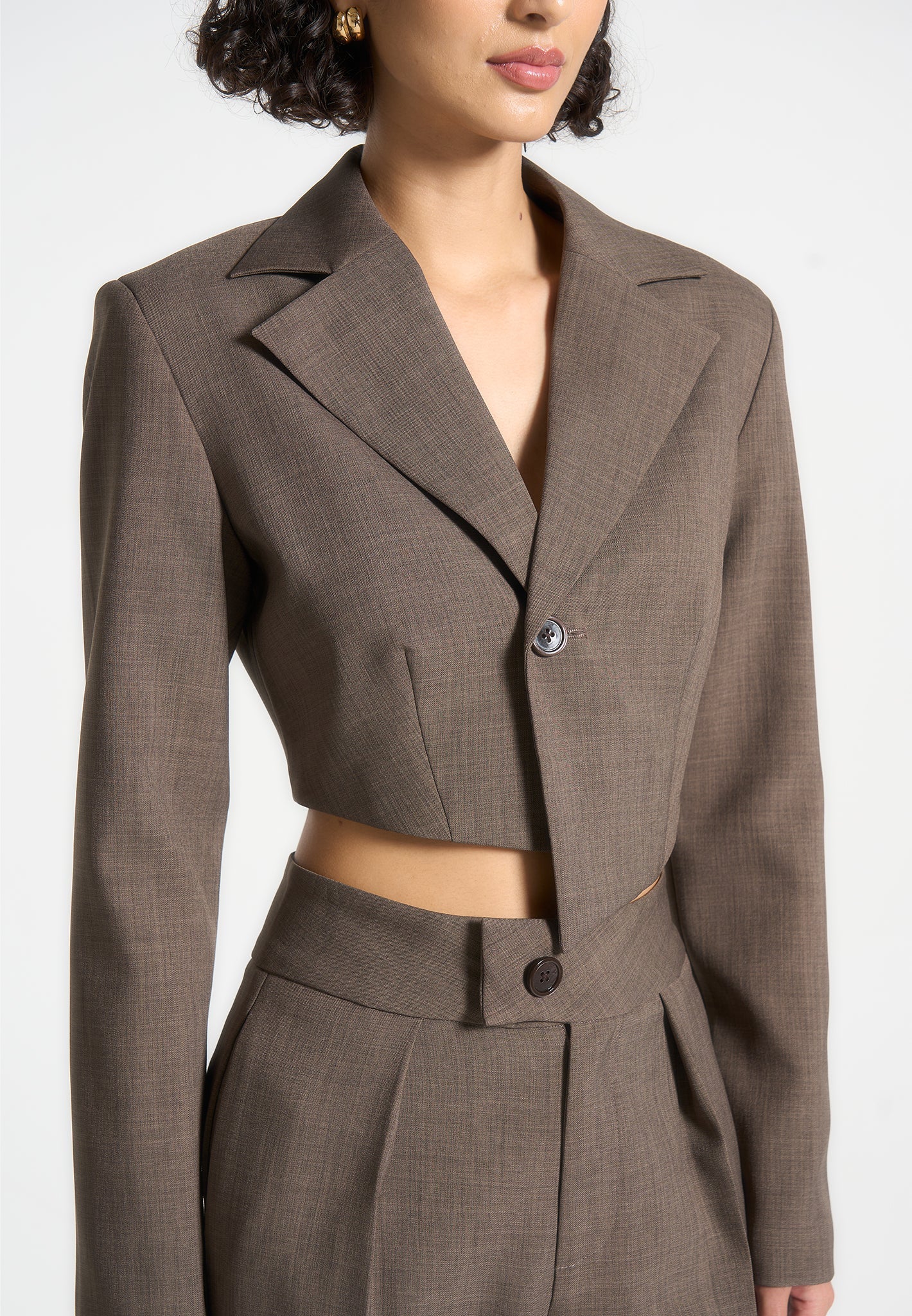 Dina - Asymmetric Tailored Cropped Blazer - Dark Taupe - Image 4