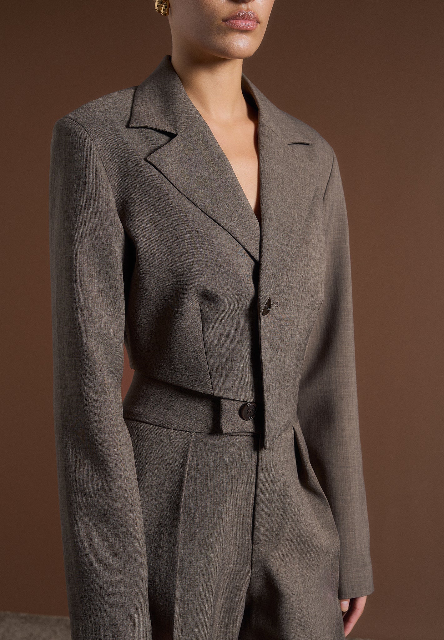 Dina - Asymmetric Tailored Cropped Blazer - Dark Taupe - Image 6