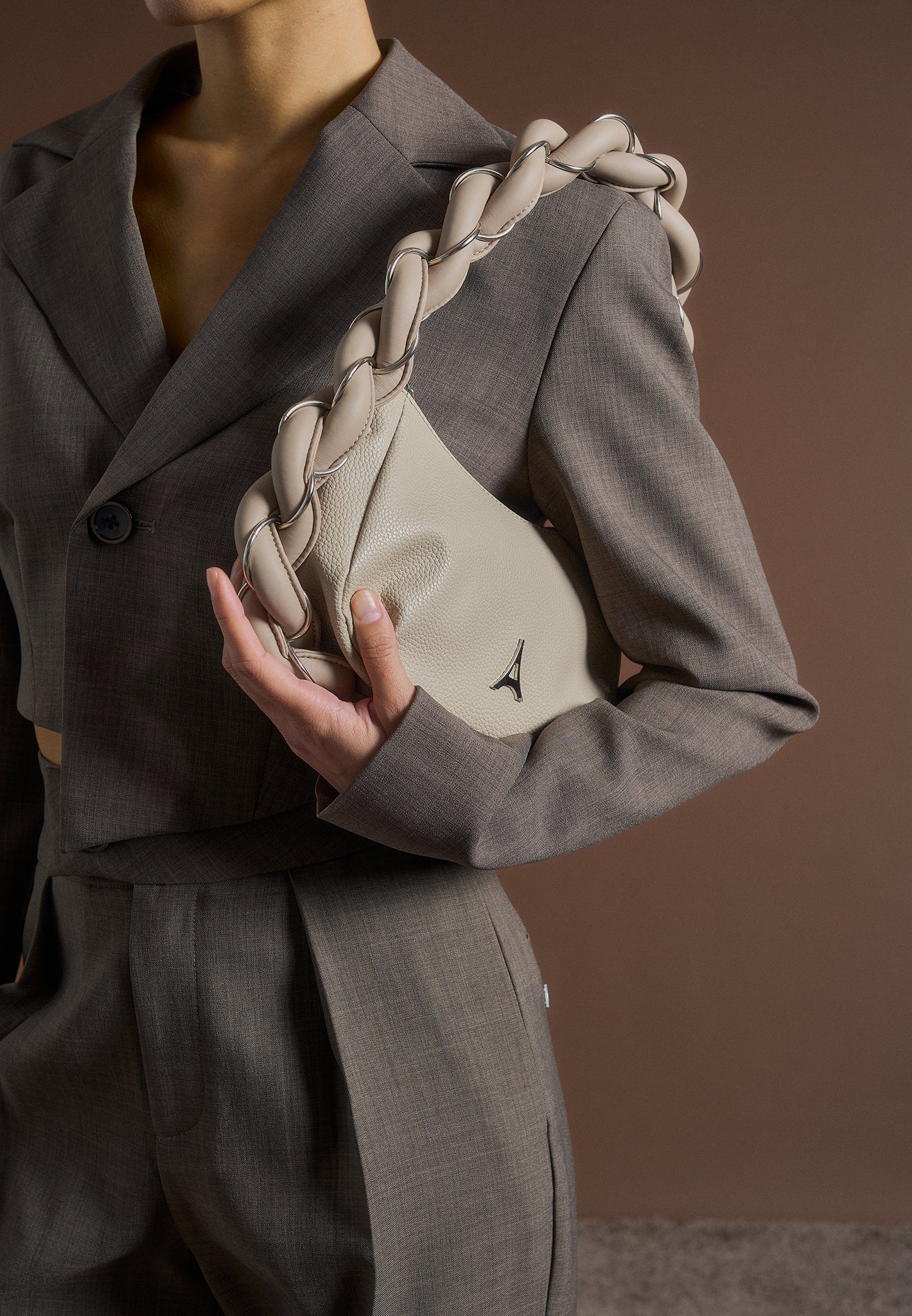 Dina - Asymmetric Tailored Cropped Blazer - Dark Taupe - Image 7