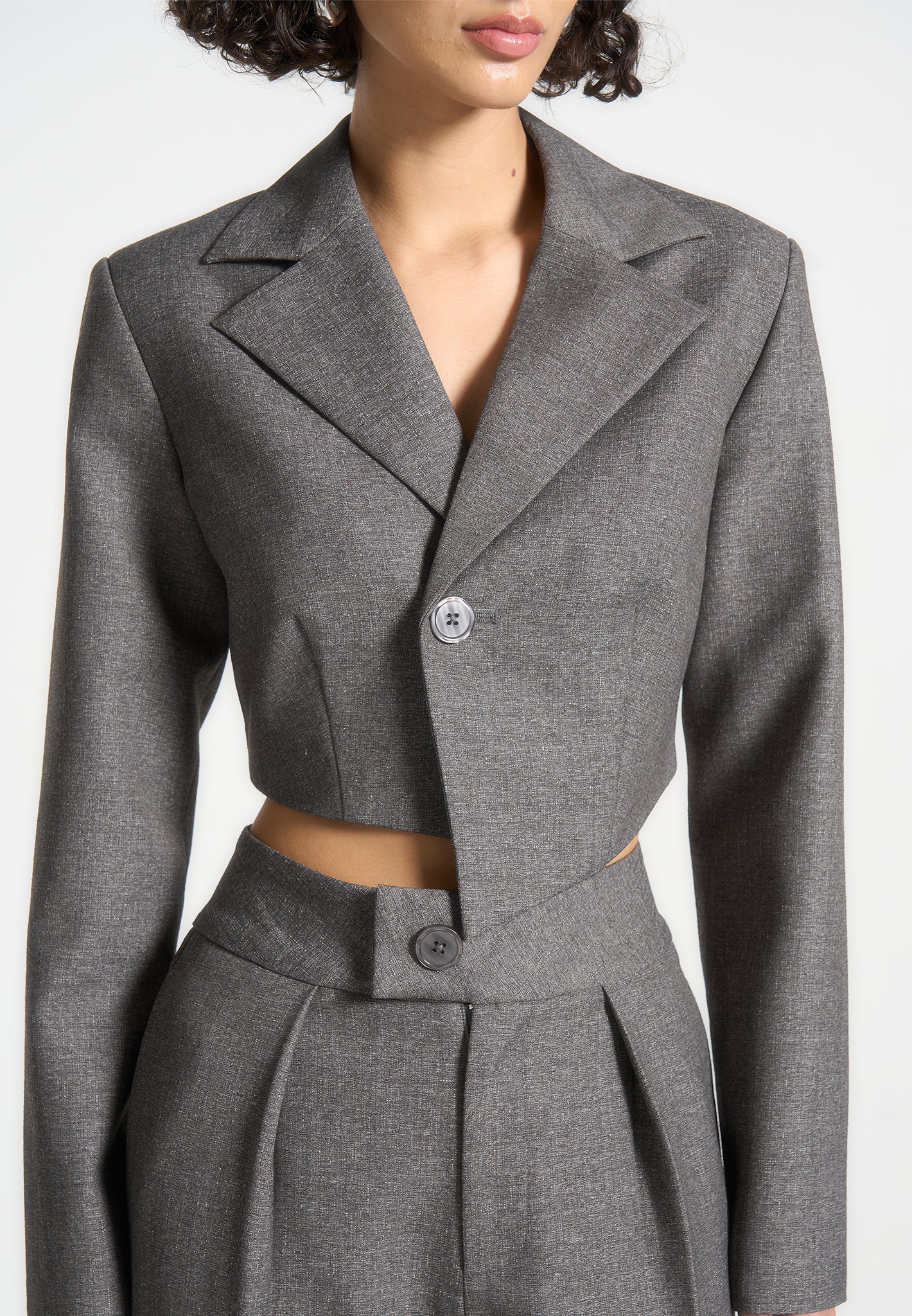 Dina - Asymmetric Tailored Cropped Blazer - Grey Marl - Image 3