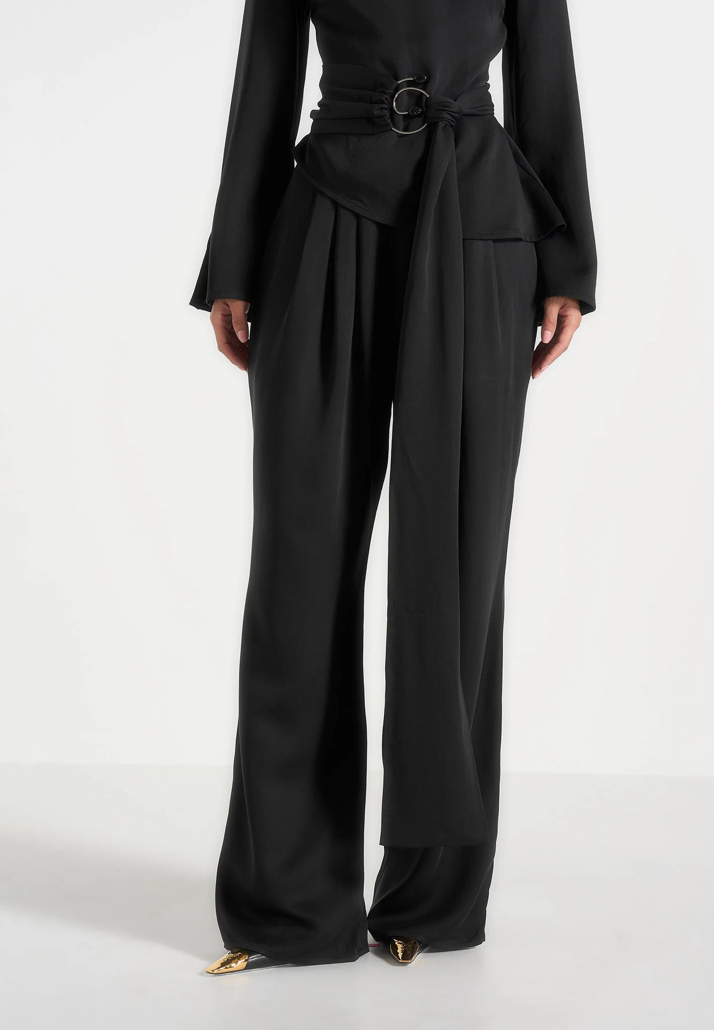 Aurore - Mock Neck Ring Belt Pleated Leg Jumpsuit - Black - Image 2